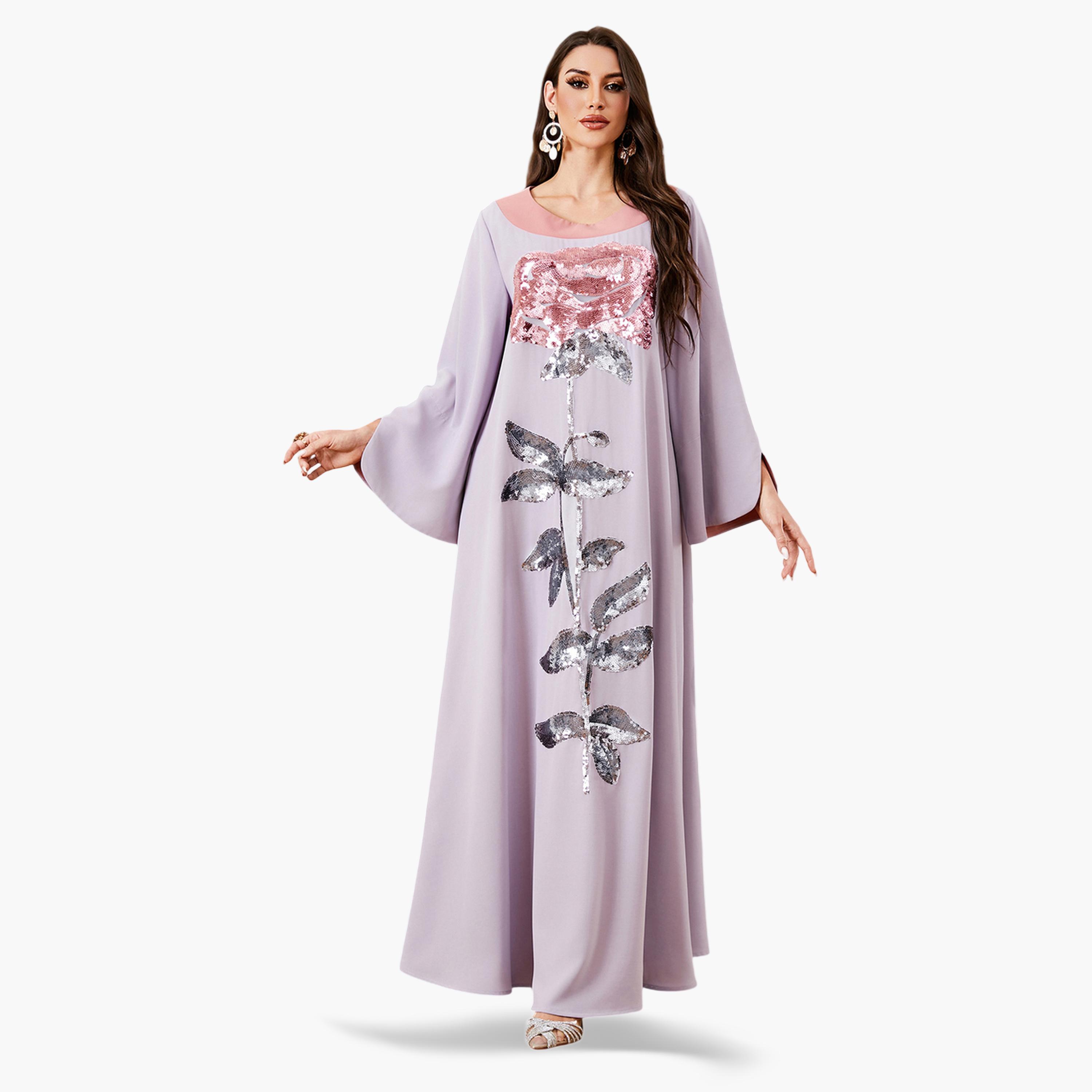 جلابية بياقة دائرية متباينة وتزيين زهور بالترتر لون أرجواني-women-arabicclothing-jalabiyas-image-1