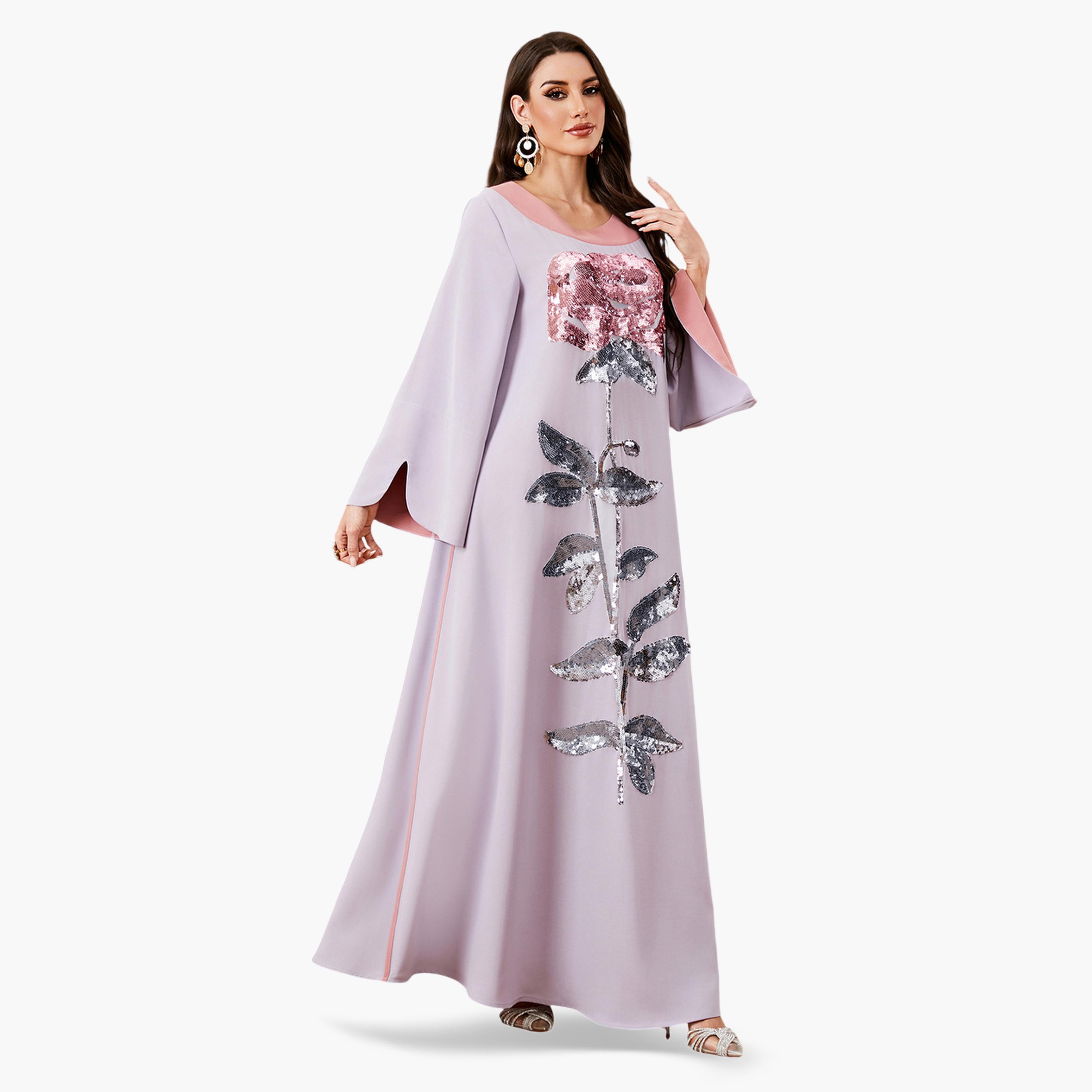 جلابية بياقة دائرية متباينة وتزيين زهور بالترتر لون أرجواني-women-arabicclothing-jalabiyas-image-3