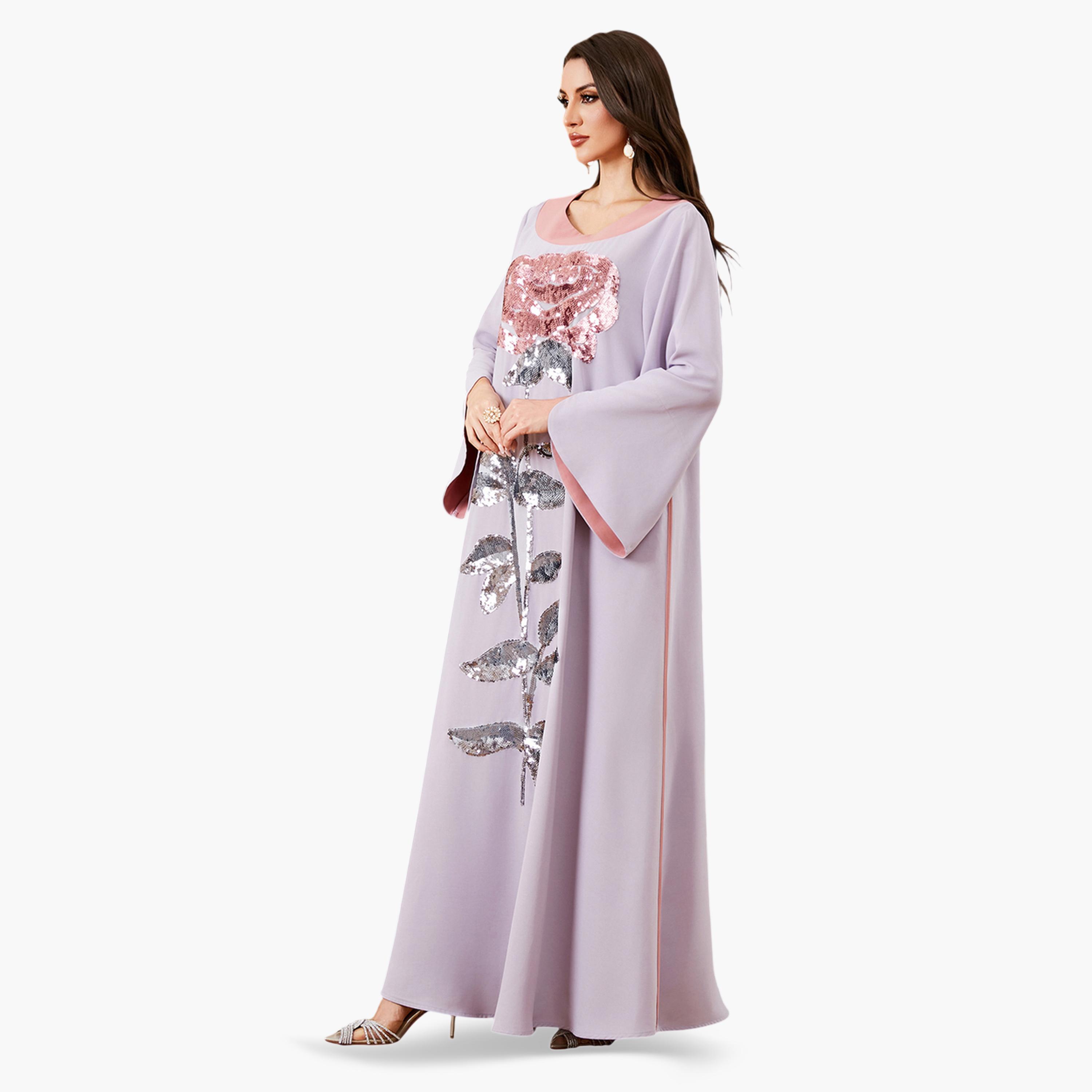 جلابية بياقة دائرية متباينة وتزيين زهور بالترتر لون أرجواني-women-arabicclothing-jalabiyas-image-4