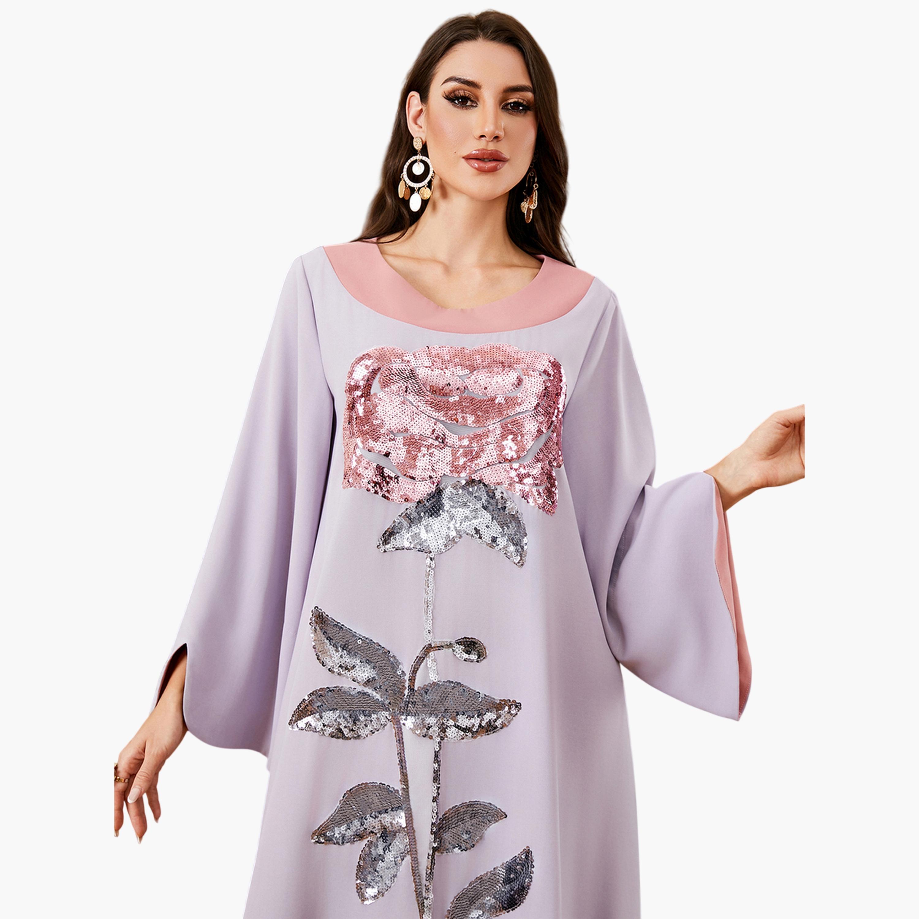 جلابية بياقة دائرية متباينة وتزيين زهور بالترتر لون أرجواني-women-arabicclothing-jalabiyas-image-5