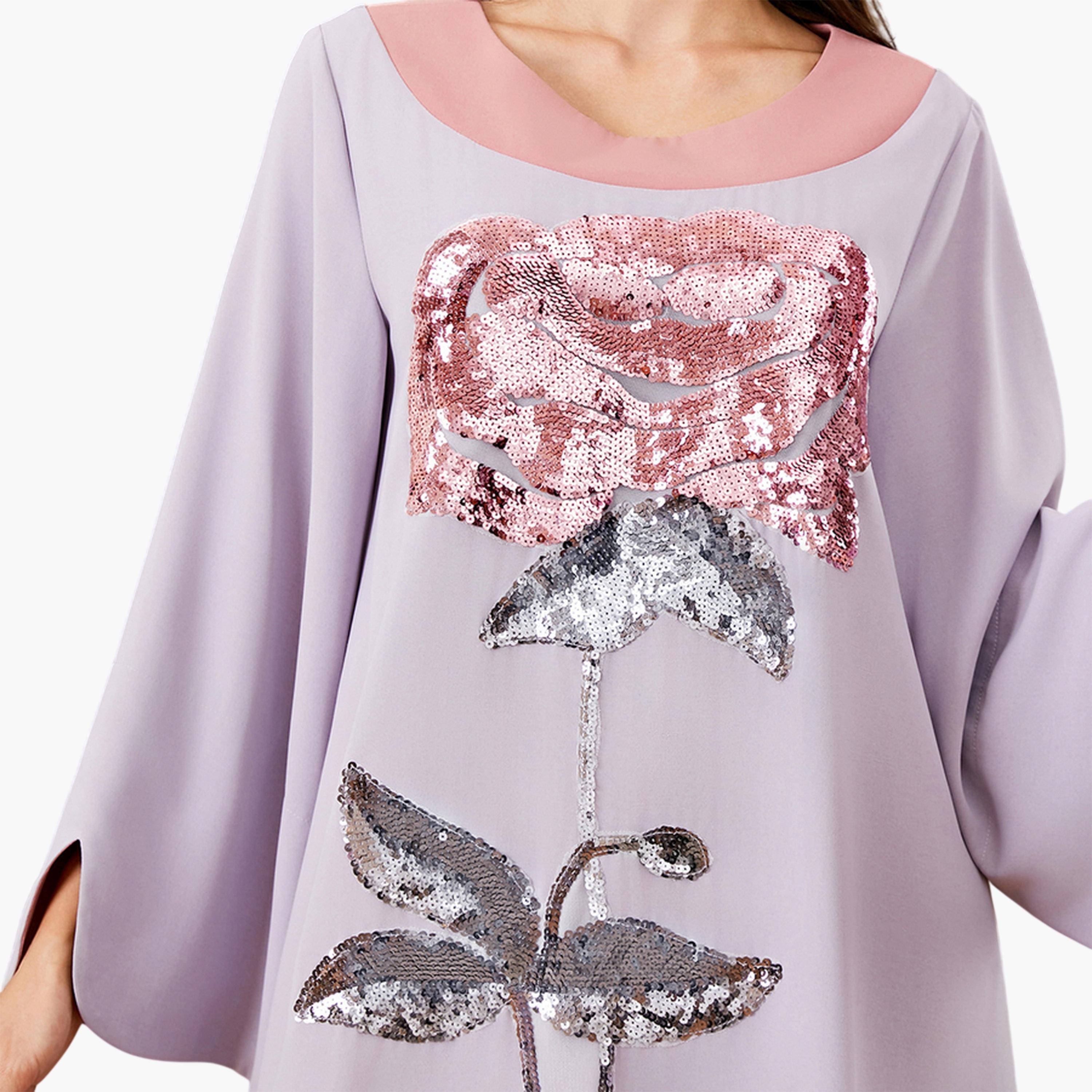 جلابية بياقة دائرية متباينة وتزيين زهور بالترتر لون أرجواني-women-arabicclothing-jalabiyas-image-6