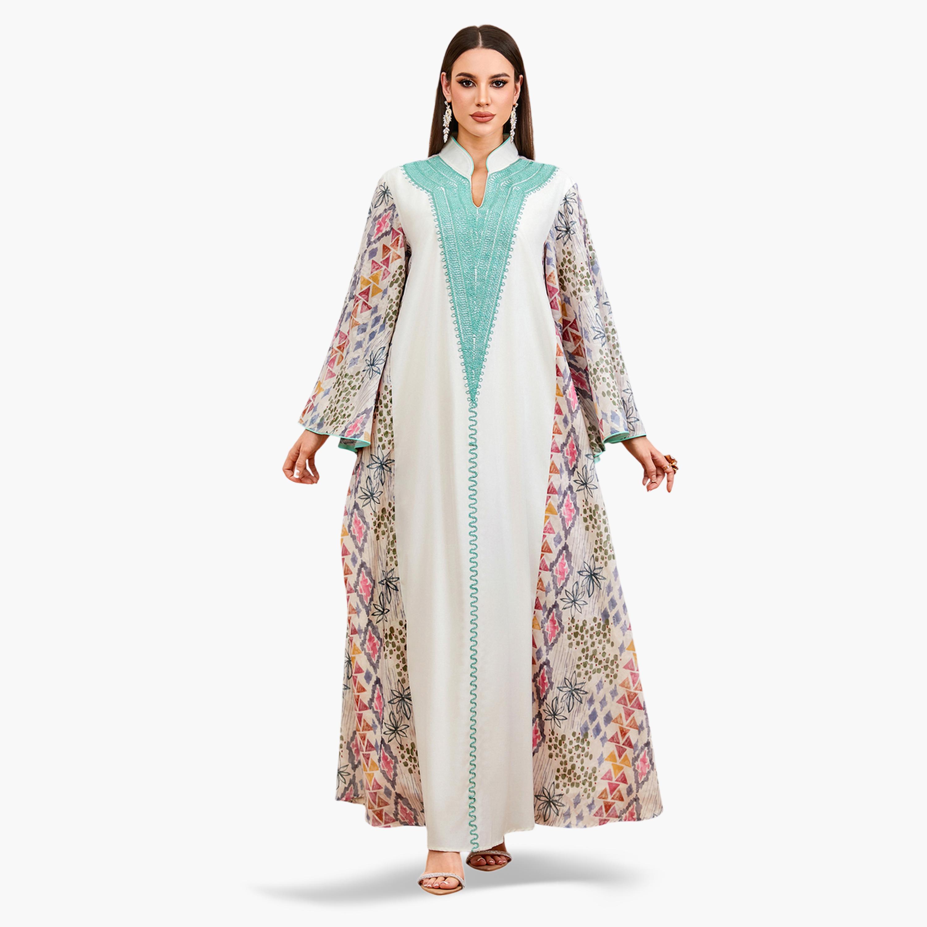 Take Two Multi-Color Floral Print Embroidered Maxi Jalabiya-women-arabicclothing-jalabiyas-image-1