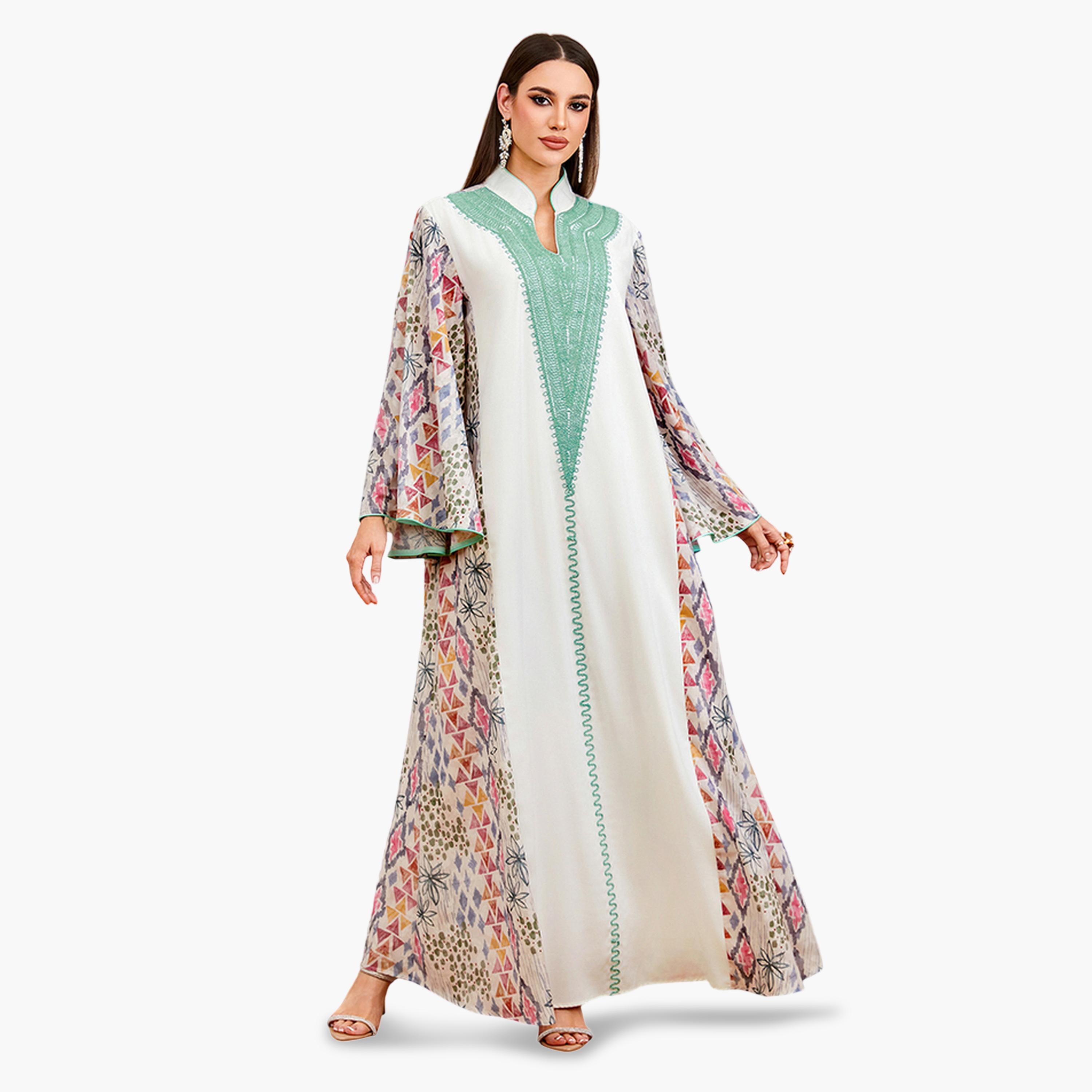 Take Two Multi-Color Floral Print Embroidered Maxi Jalabiya-women-arabicclothing-jalabiyas-image-3