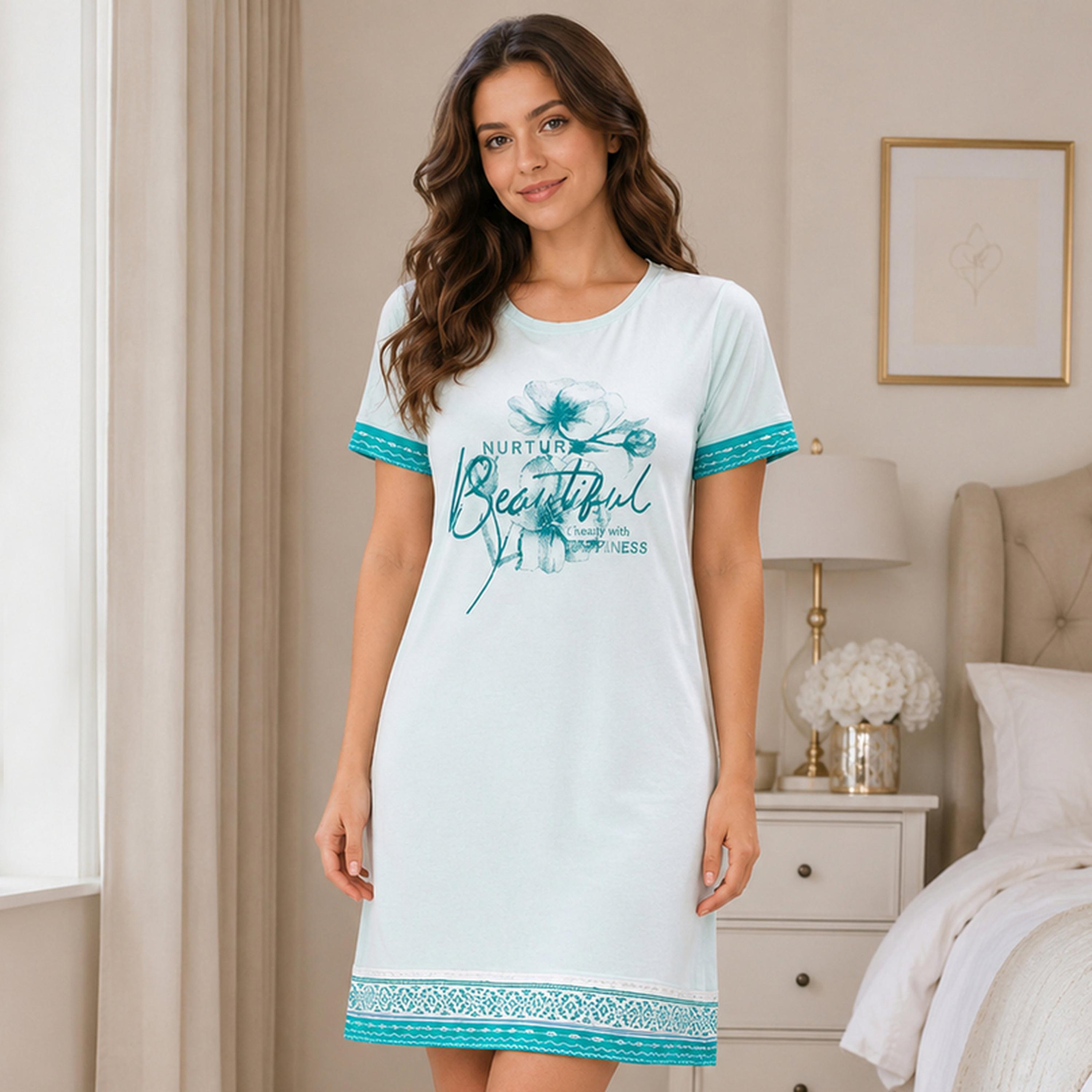 Victor and Jane X Styli Blue Floral Print Sleep T-Shirt Dress-women-clothing-nightwear-nighties-image-1