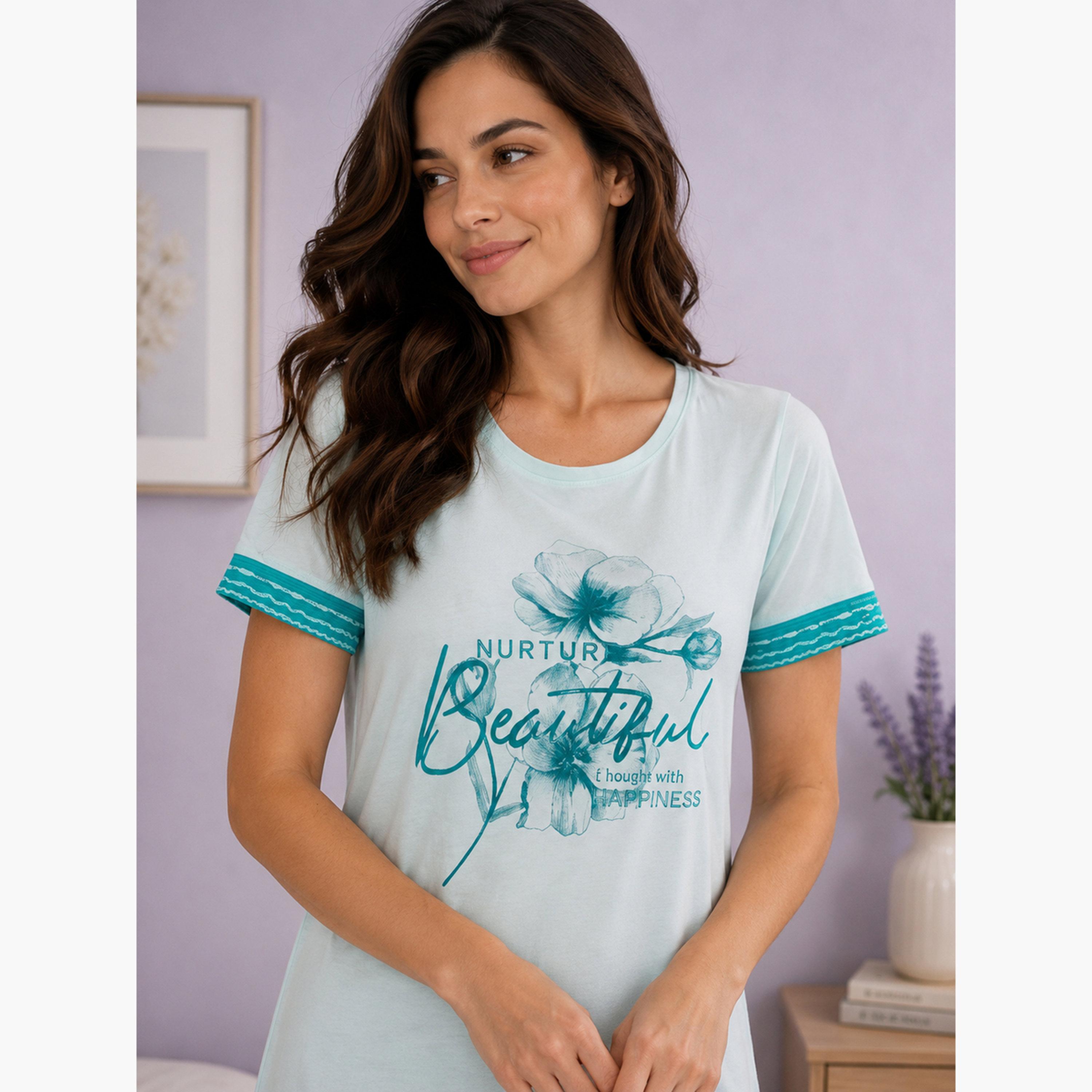 Victor and Jane X Styli Blue Floral Print Sleep T-Shirt Dress-women-clothing-nightwear-nighties-image-5