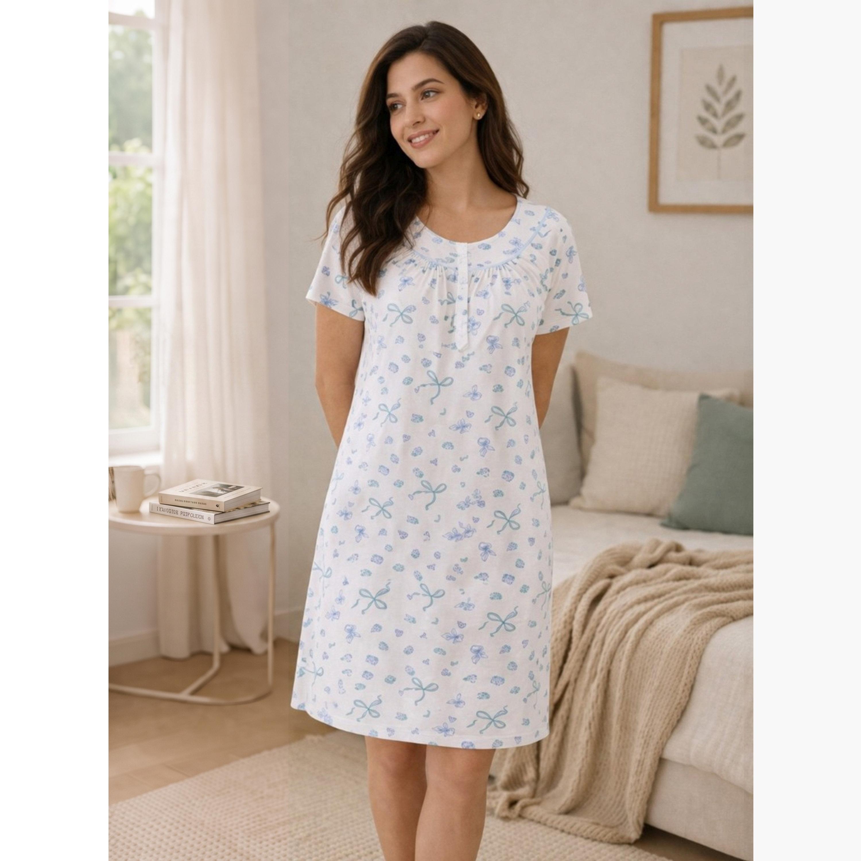 Victor and Jane X Styli Green Printed Nightdress with Button Placket-women-clothing-nightwear-nighties-image-1