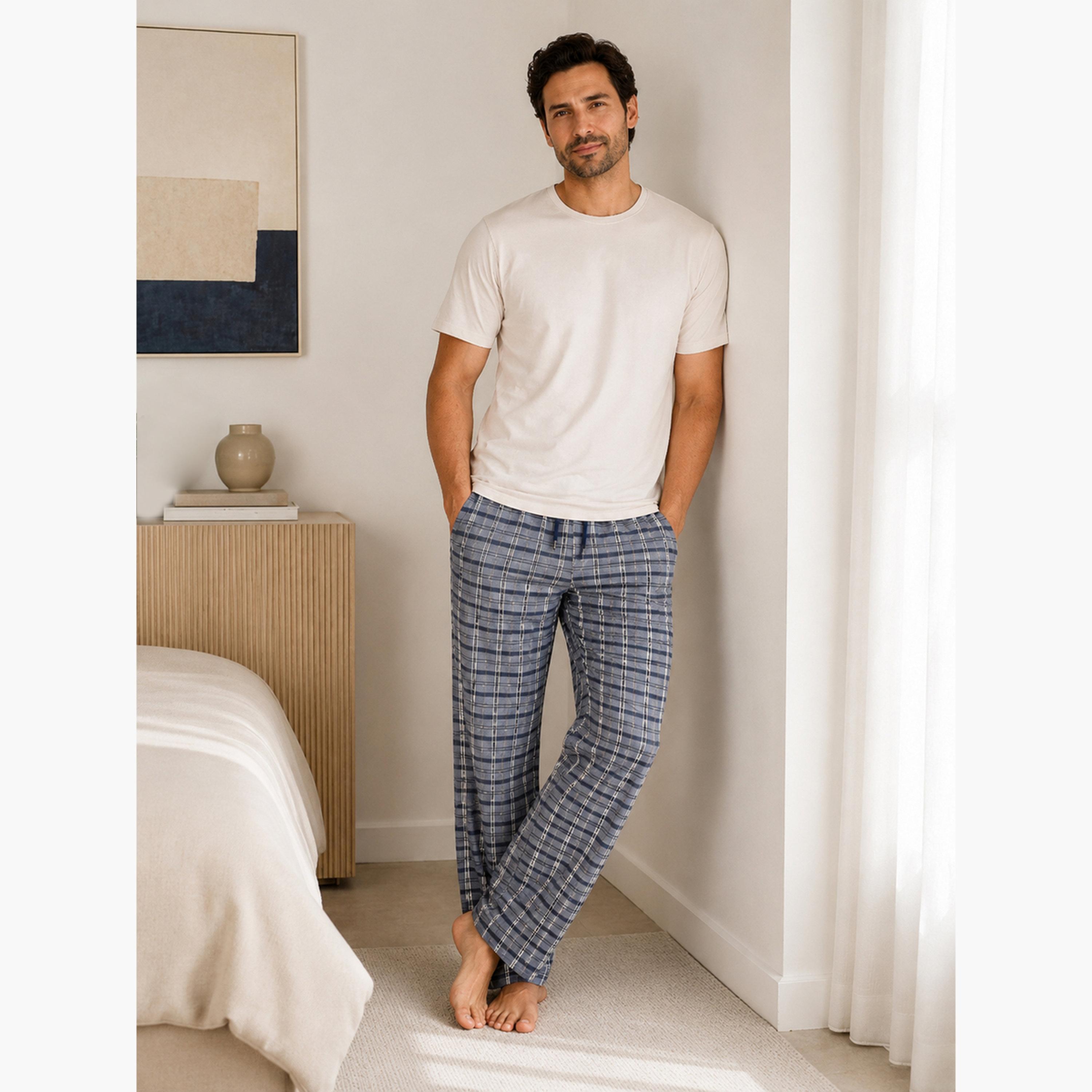 Victor and Jane X Styli Men Solid Cotton T-Shirt and Checked Pyjama Set-men-clothing-nightwear-sets-image-1