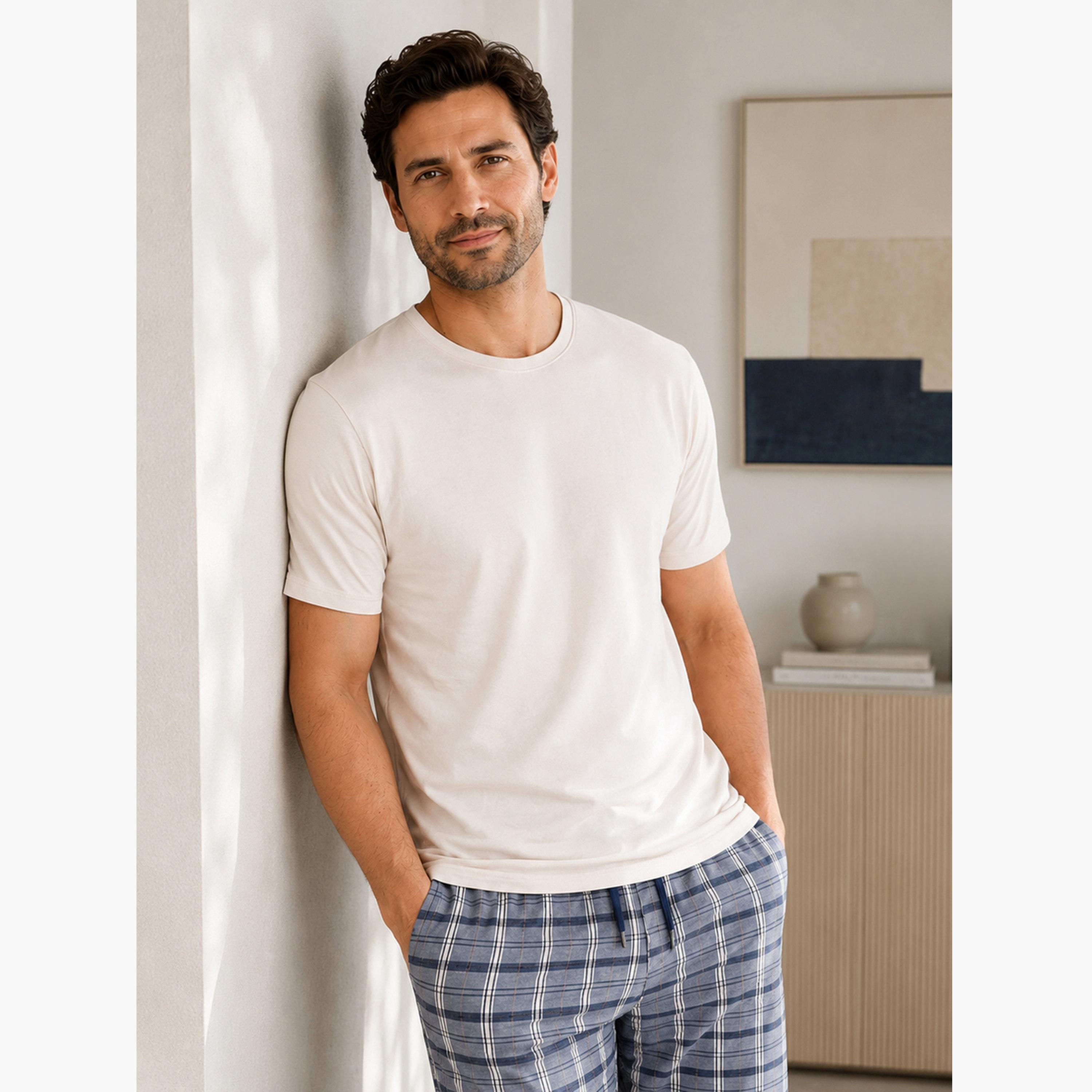 Victor and Jane X Styli Men Solid Cotton T-Shirt and Checked Pyjama Set-men-clothing-nightwear-sets-image-3