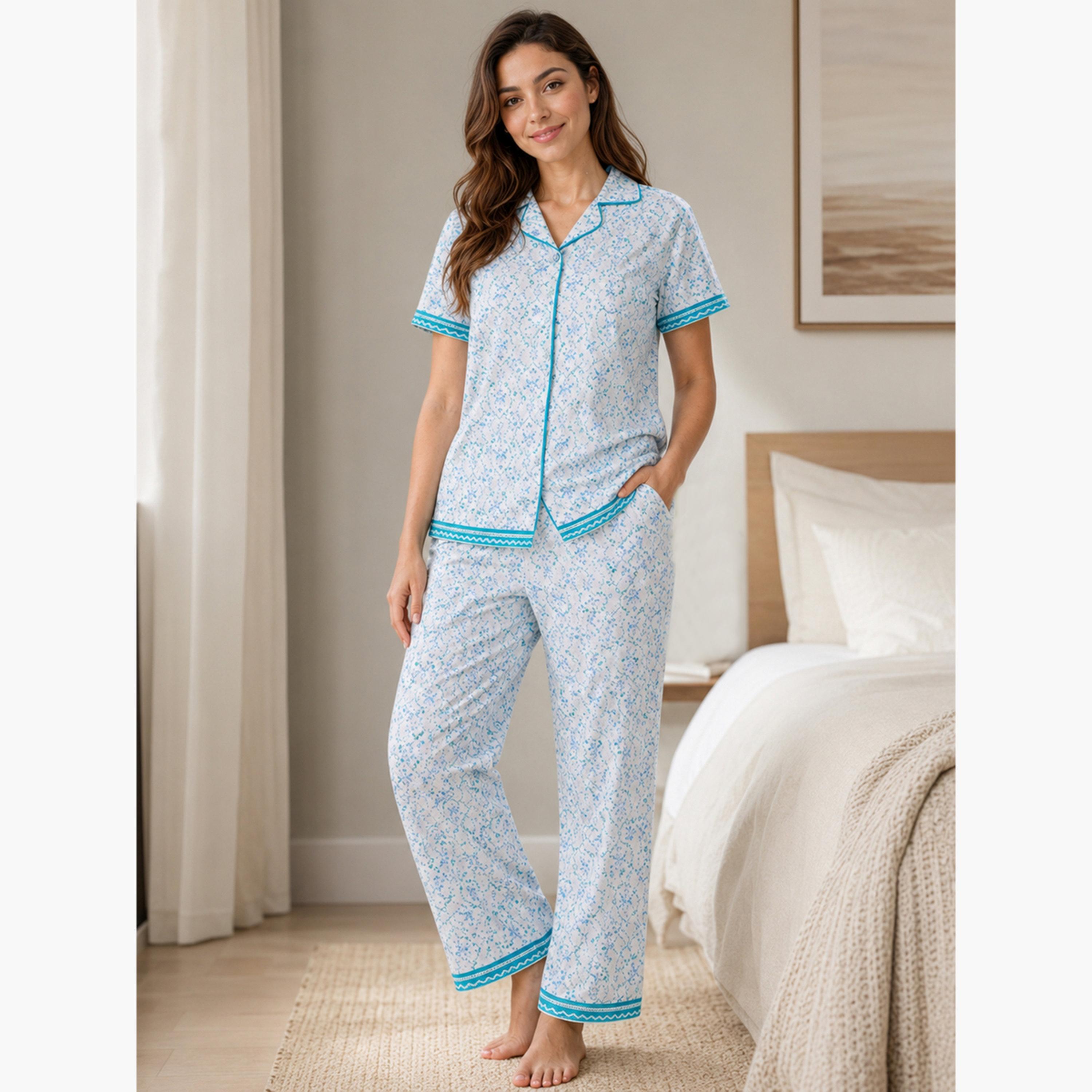 Victor and Jane X Styli Blue Printed Shirt and Pyjama Set with Contrast Piping-women-clothing-nightwear-pyjamas-longsets-image-1