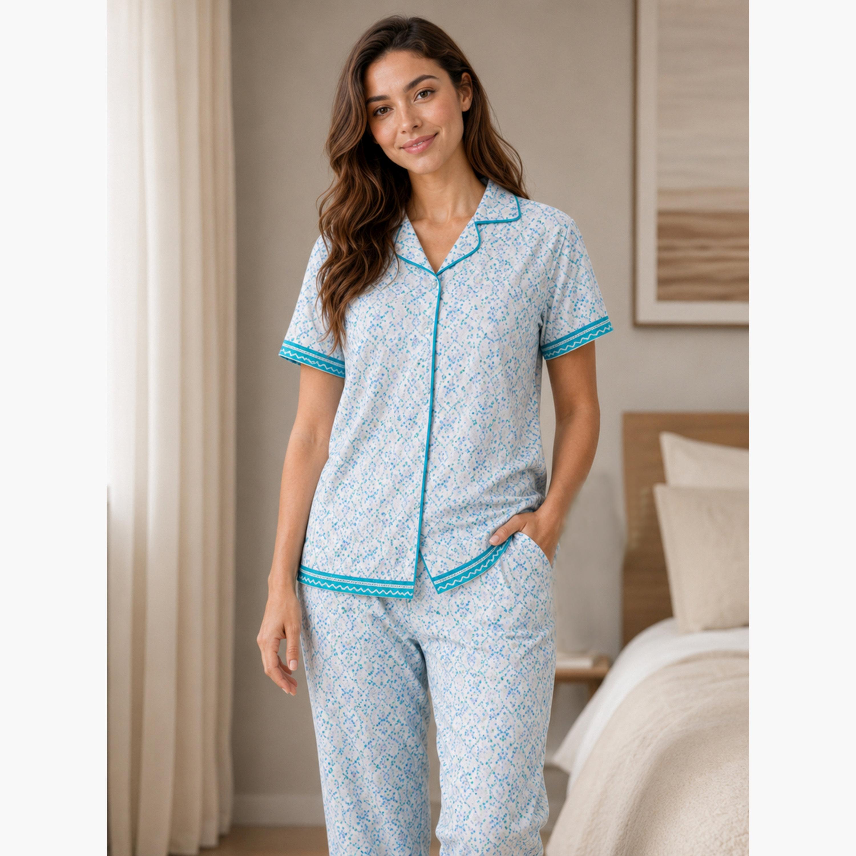 Victor and Jane X Styli Blue Printed Shirt and Pyjama Set with Contrast Piping-women-clothing-nightwear-pyjamas-longsets-image-2