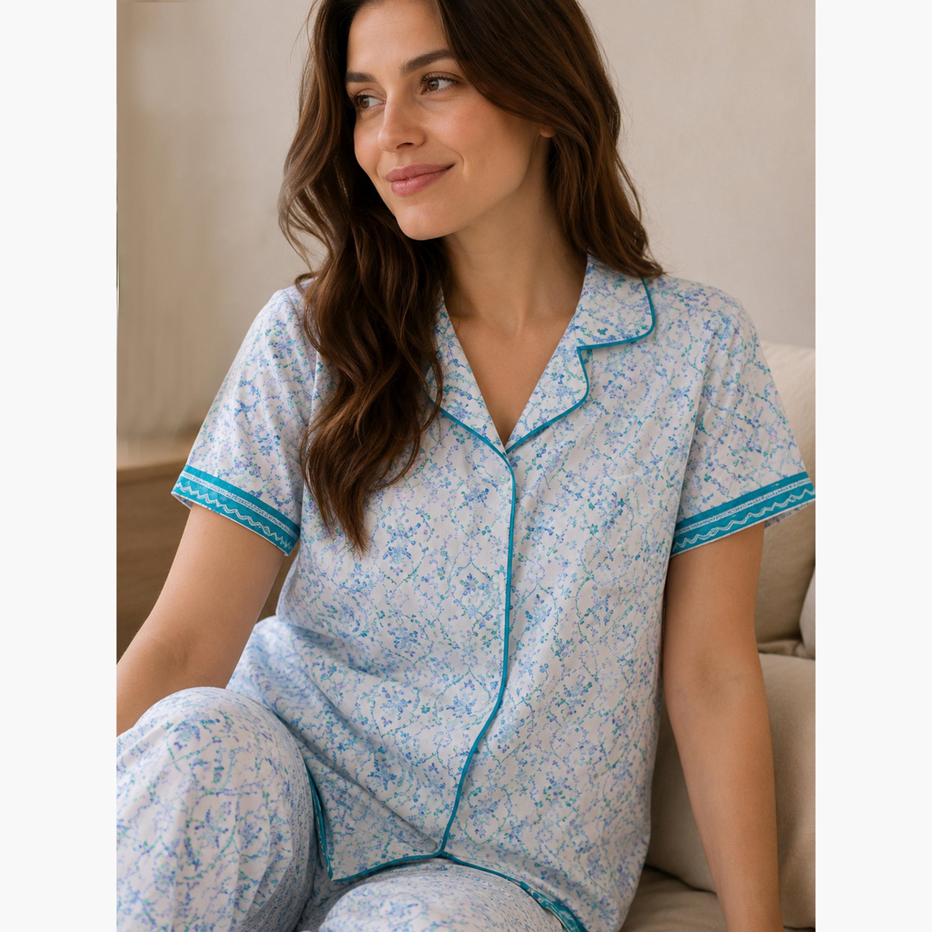 Victor and Jane X Styli Blue Printed Shirt and Pyjama Set with Contrast Piping-women-clothing-nightwear-pyjamas-longsets-image-3