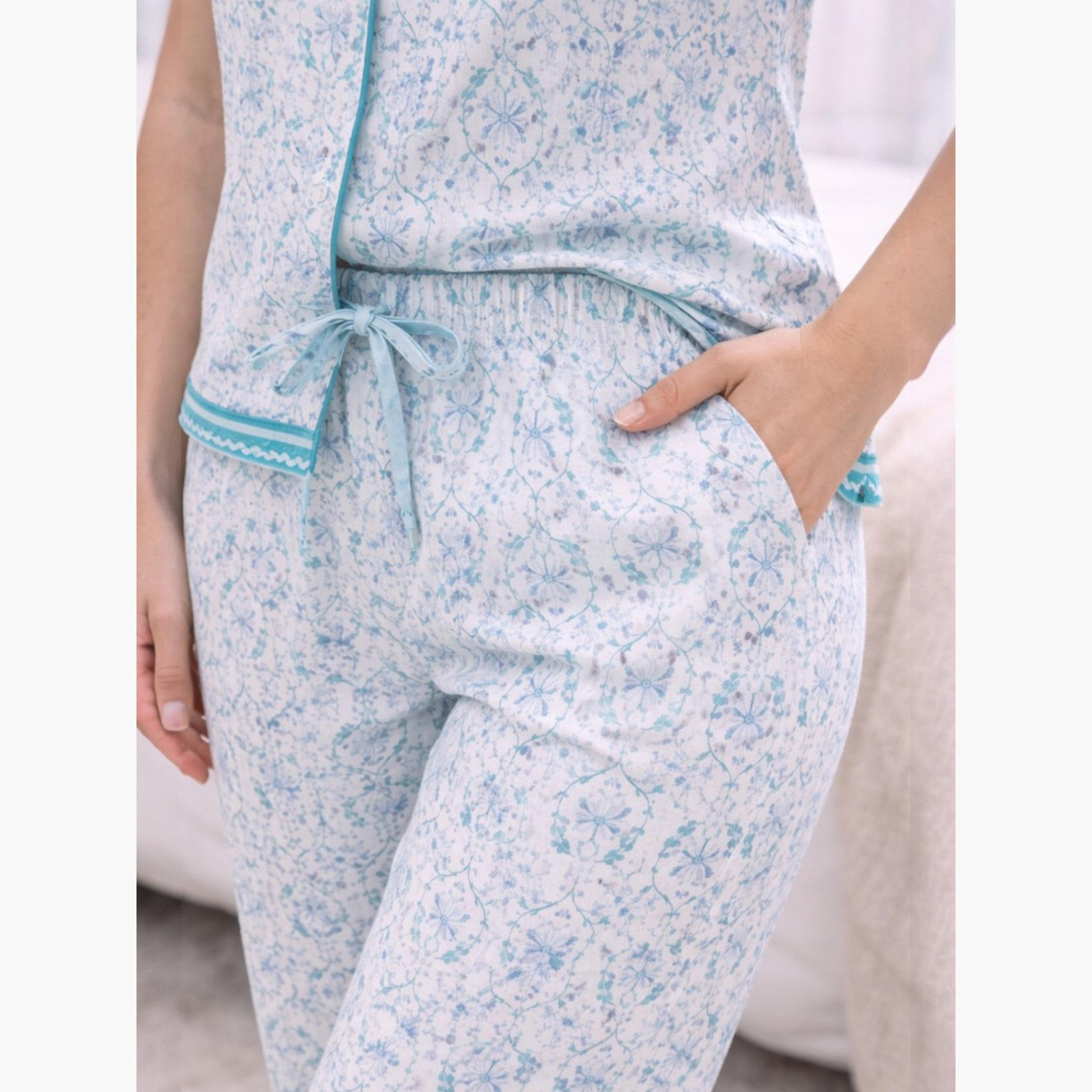 Victor and Jane X Styli Blue Printed Shirt and Pyjama Set with Contrast Piping-women-clothing-nightwear-pyjamas-longsets-image-5