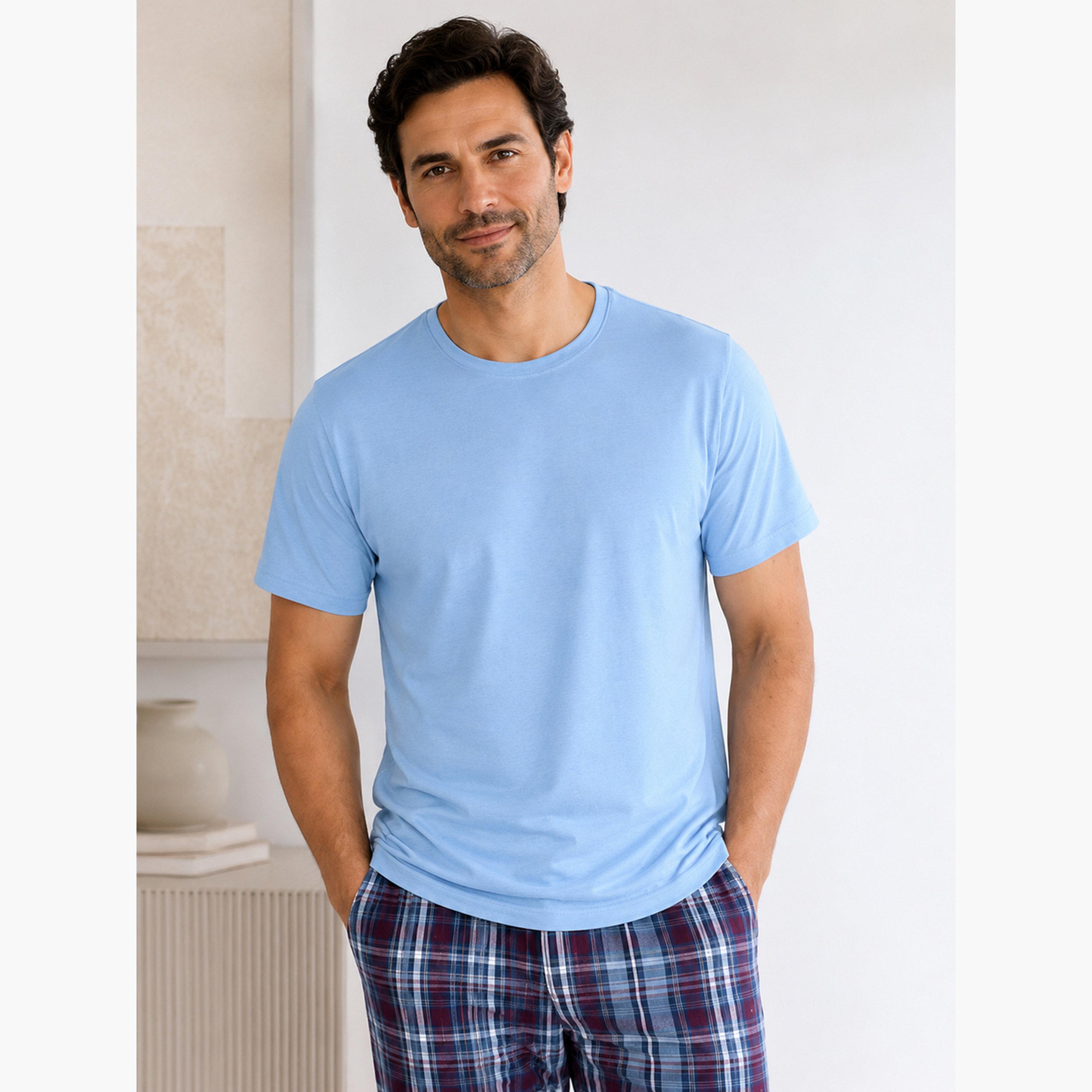 Victor and Jane X Styli Men Solid Cotton T-Shirt and Checked Pyjama Set-men-clothing-nightwear-sets-image-2