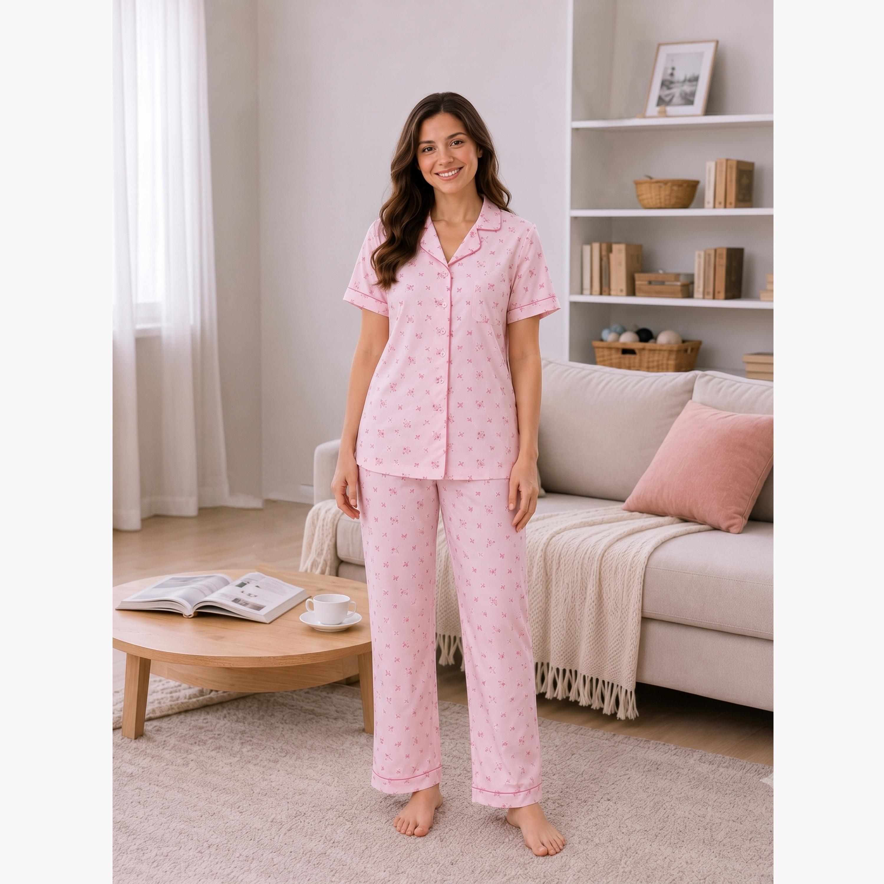 طقم بيجاما من بنطال وقميص قطن بتفاصيل محزوزة-women-clothing-nightwear-pyjamas-longsets-image-1