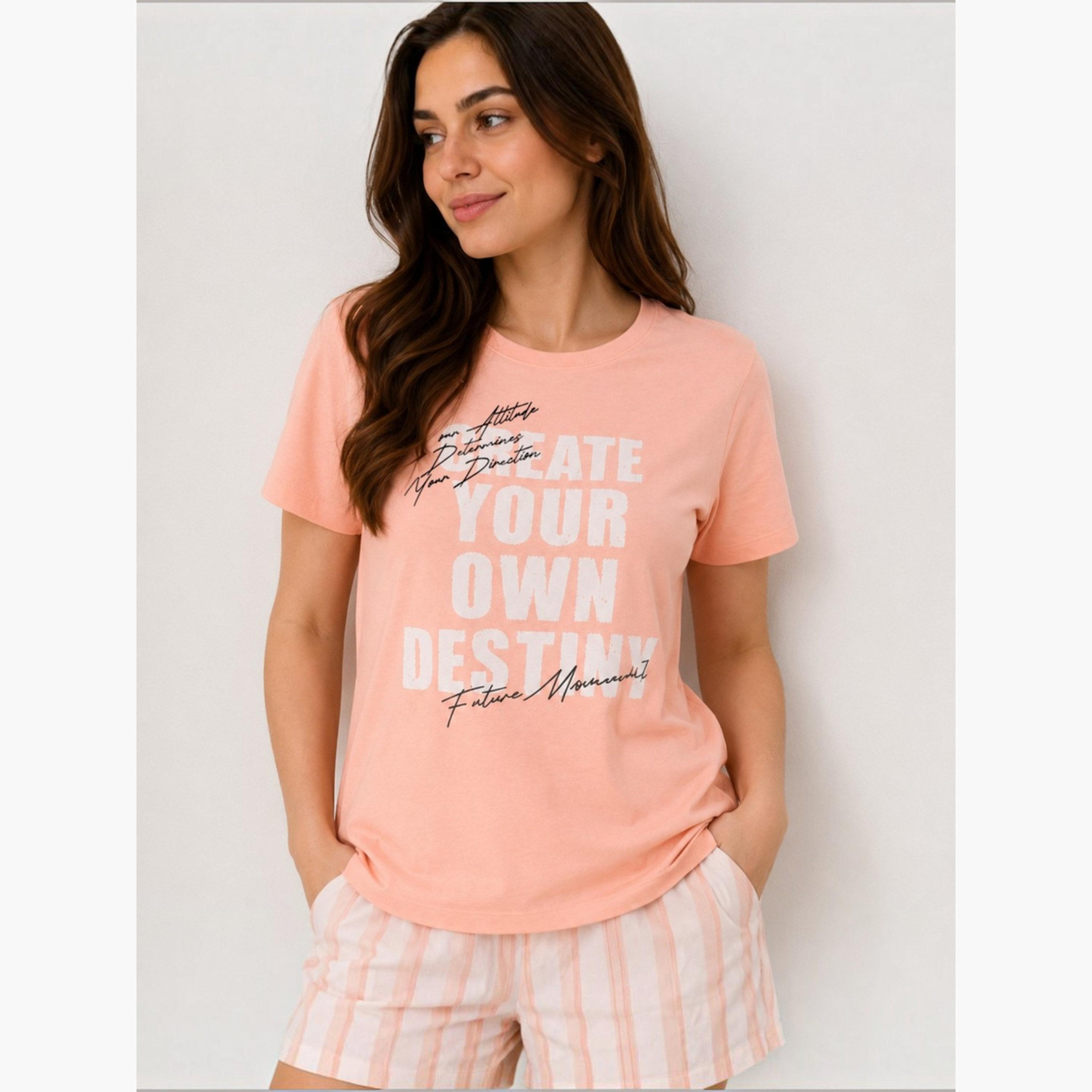 Victor and Jane X Styli Peach Slogan Print Cotton T-Shirt and Shorts Set-women-clothing-nightwear-pyjamas-shortsets-image-3