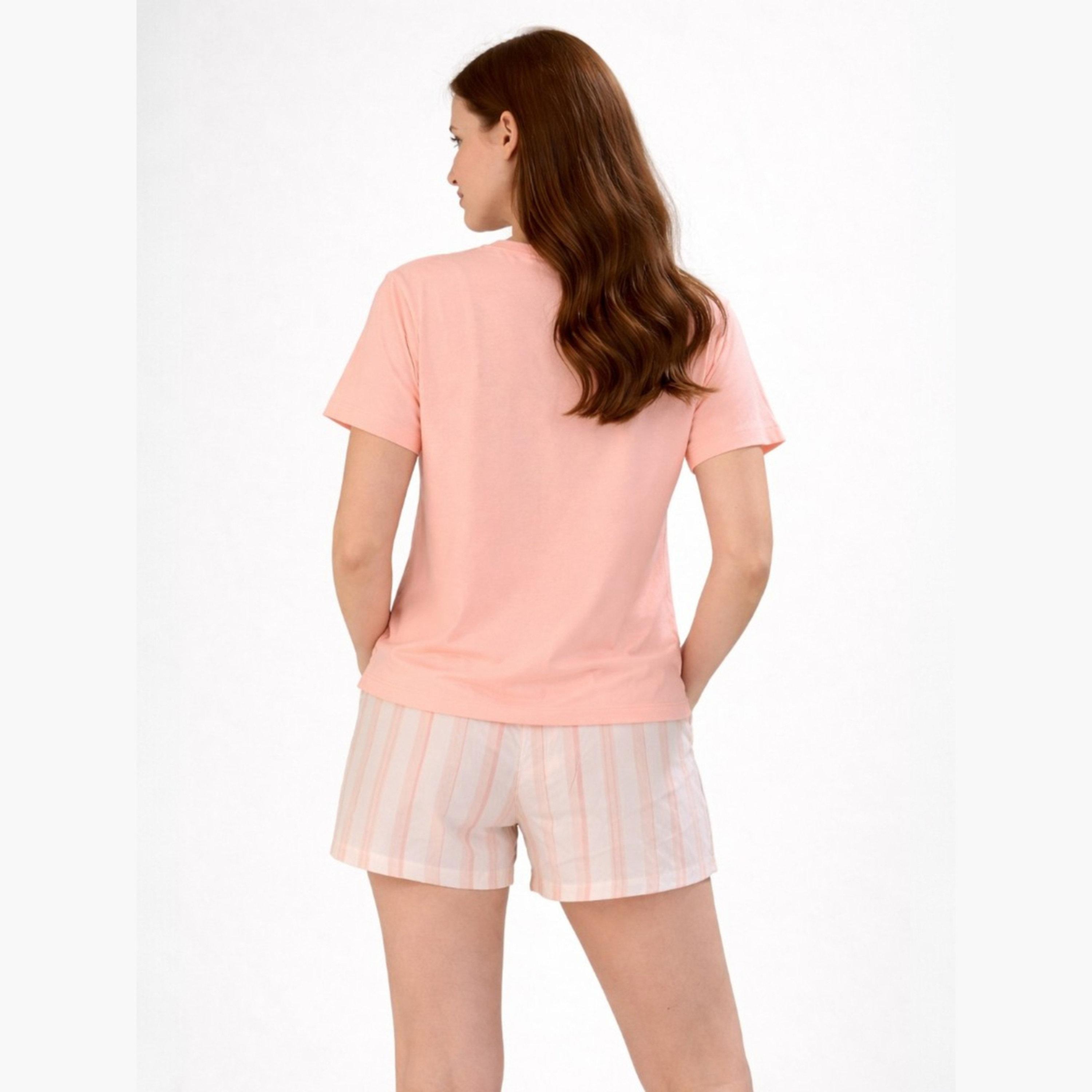 Victor and Jane X Styli Peach Slogan Print Cotton T-Shirt and Shorts Set-women-clothing-nightwear-pyjamas-shortsets-image-4