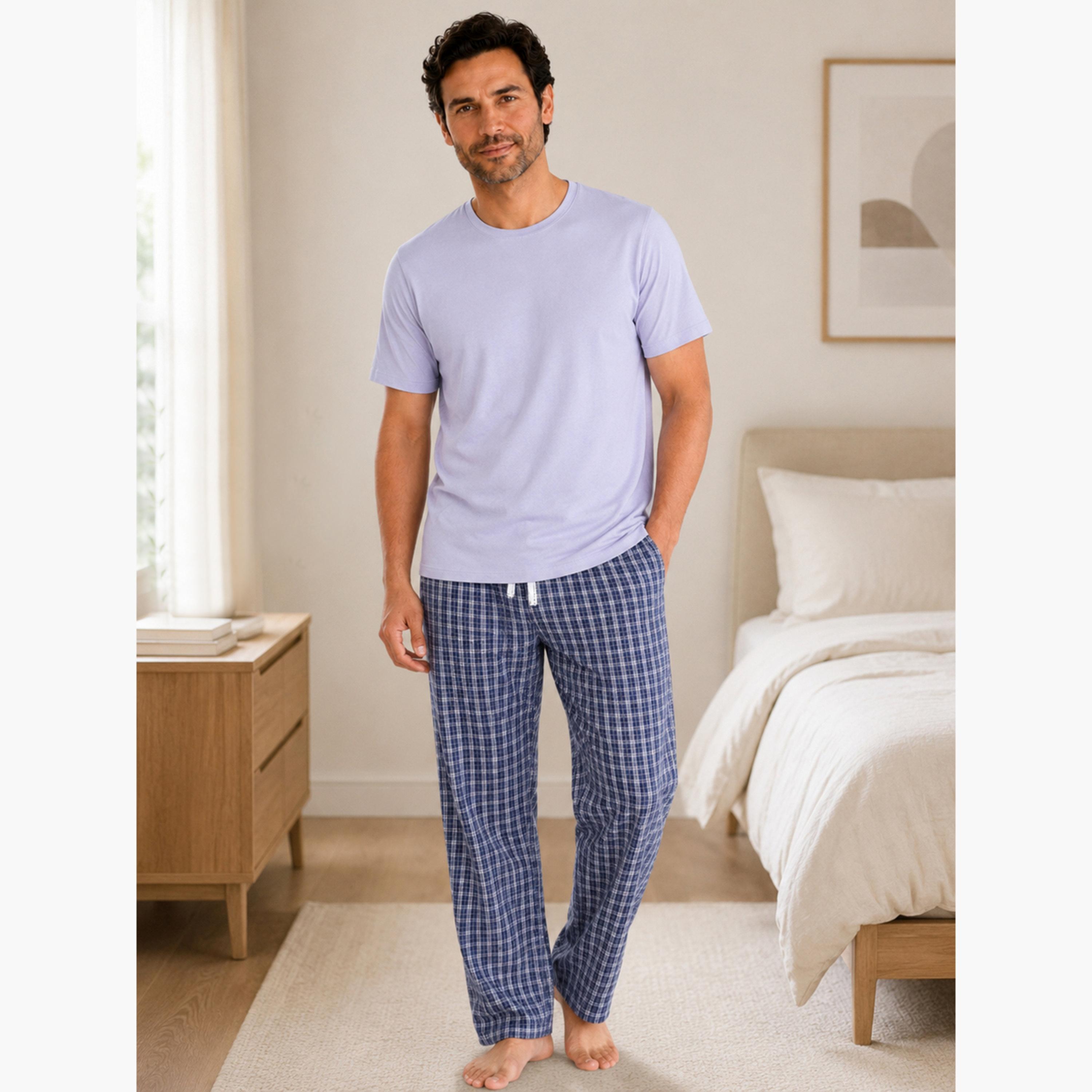 Victor and Jane X Styli Men Solid Cotton T-Shirt and Checked Pyjama Set-men-clothing-nightwear-sets-image-1