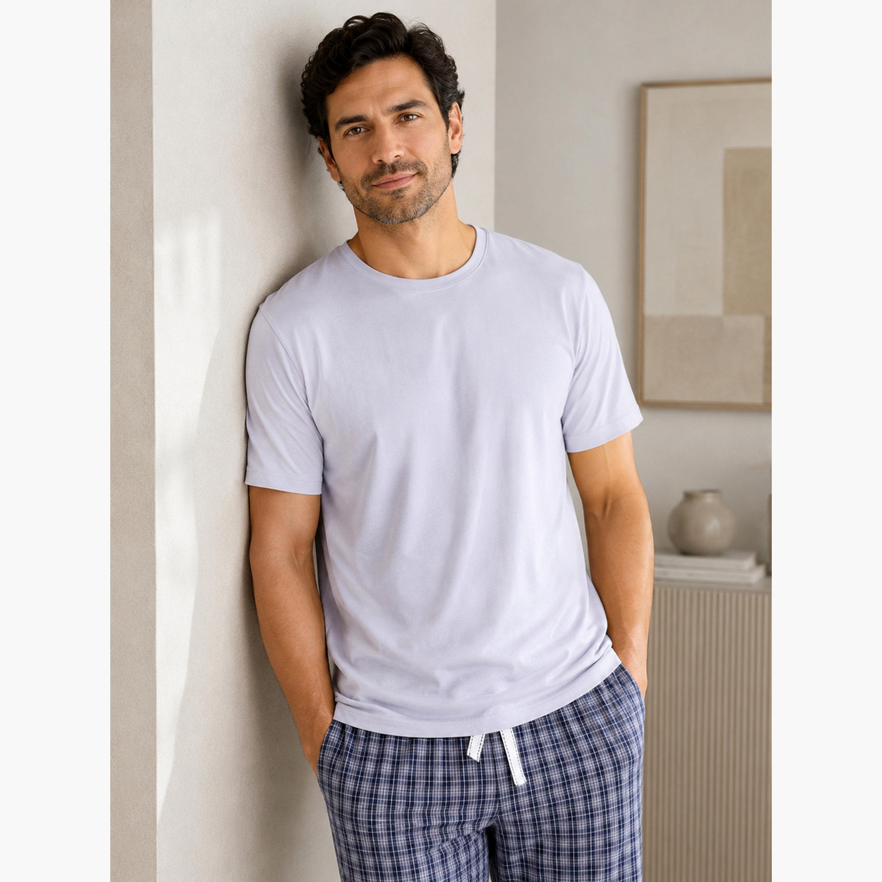 Victor and Jane X Styli Men Solid Cotton T-Shirt and Checked Pyjama Set-men-clothing-nightwear-sets-image-5