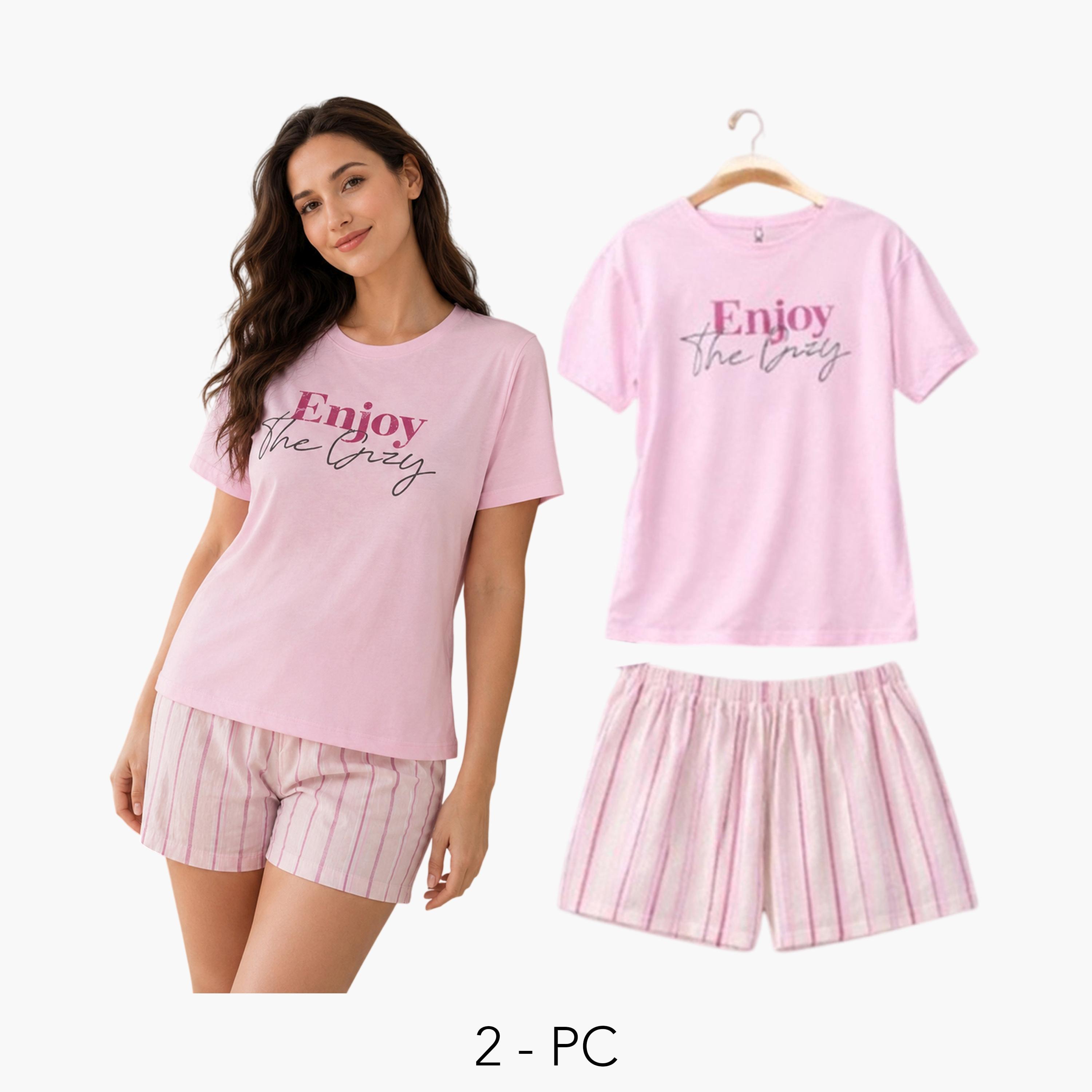 Victor and Jane X Styli Pink Slogan Print T-Shirt and Striped Shorts Set-women-clothing-nightwear-pyjamas-shortsets-image-1