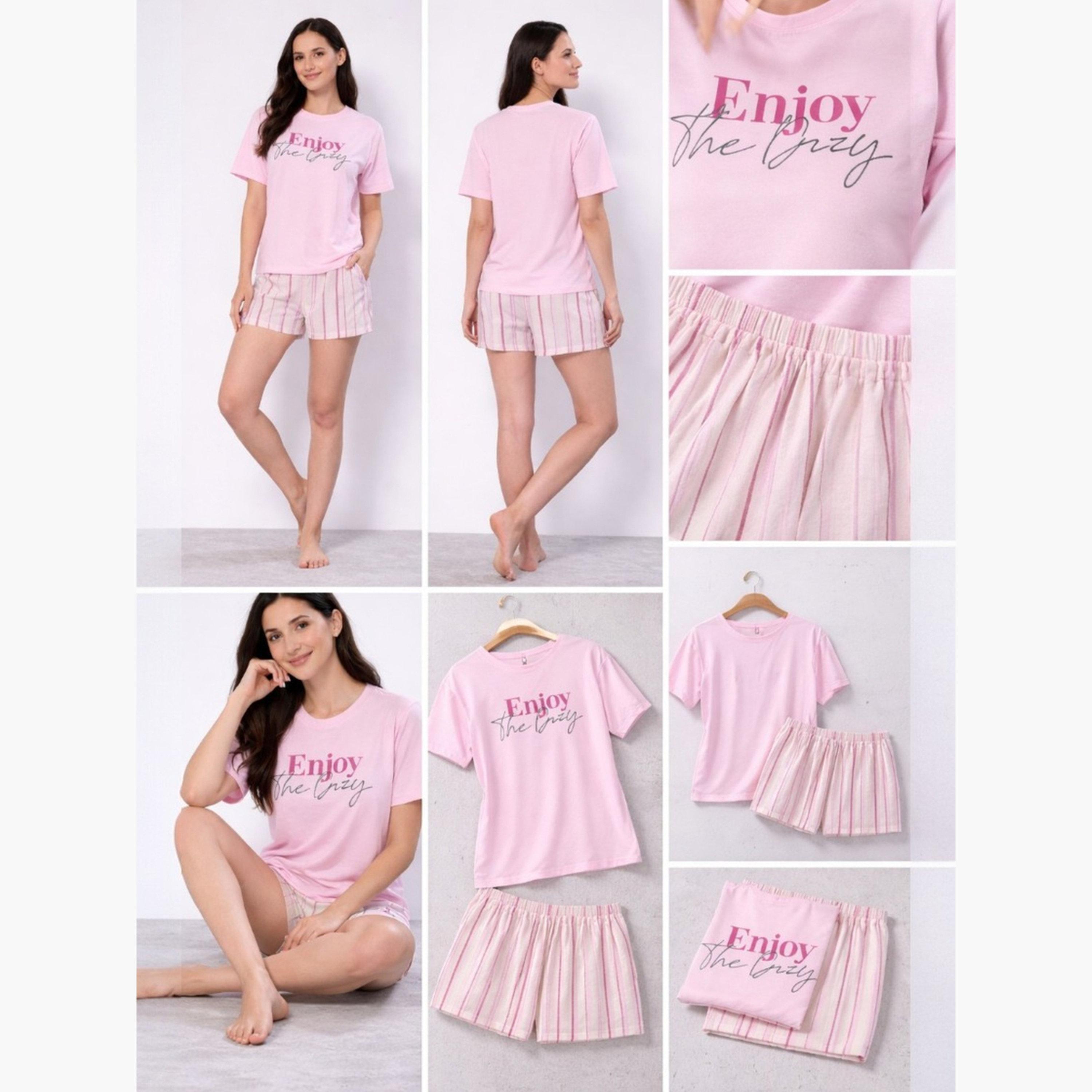 Victor and Jane X Styli Pink Slogan Print T-Shirt and Striped Shorts Set-women-clothing-nightwear-pyjamas-shortsets-image-6