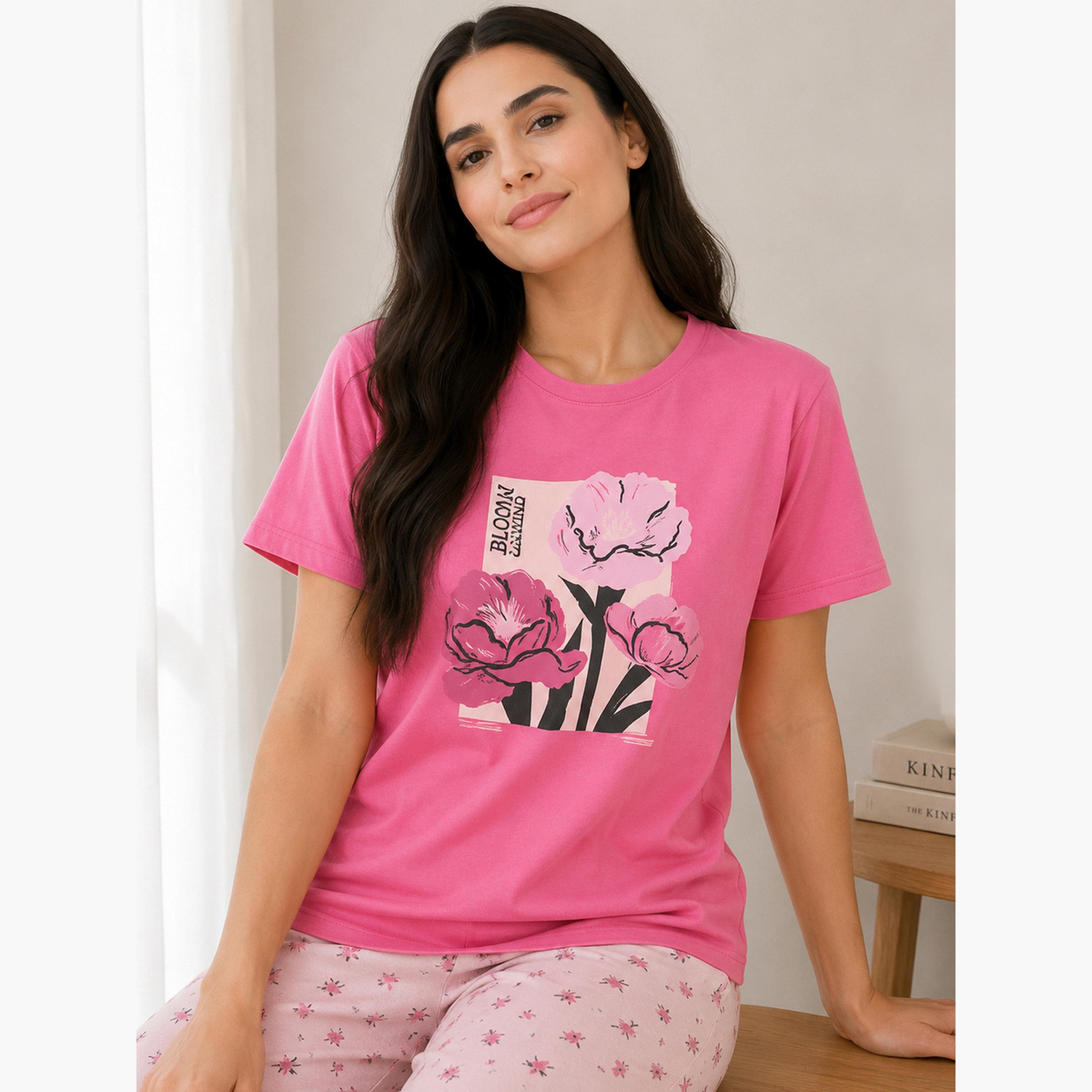 Victor and Jane X Styli Pink Floral Print Round Neck T-Shirt and Pyjama Set-women-clothing-nightwear-pyjamas-longsets-image-2