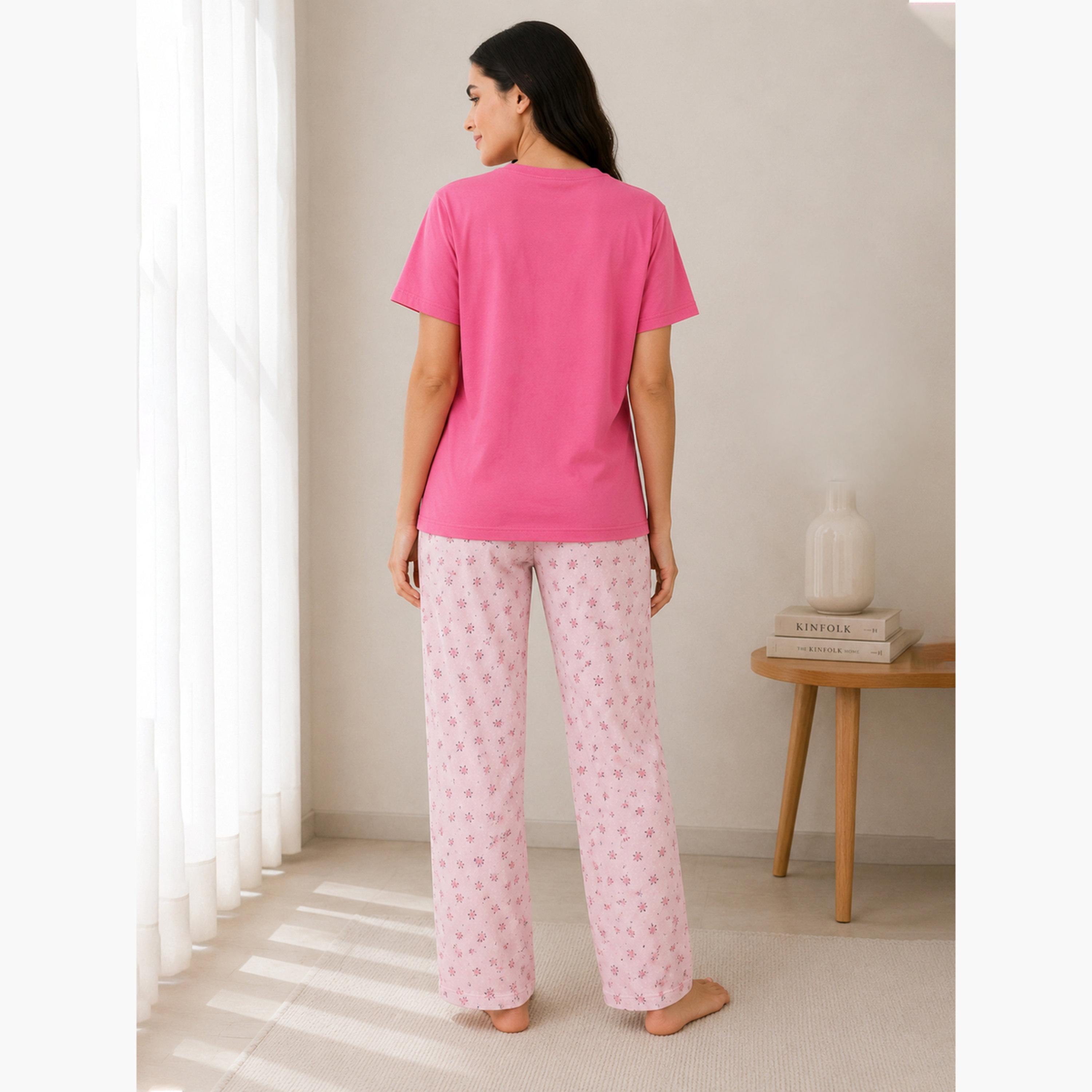 Victor and Jane X Styli Pink Floral Print Round Neck T-Shirt and Pyjama Set-women-clothing-nightwear-pyjamas-longsets-image-3