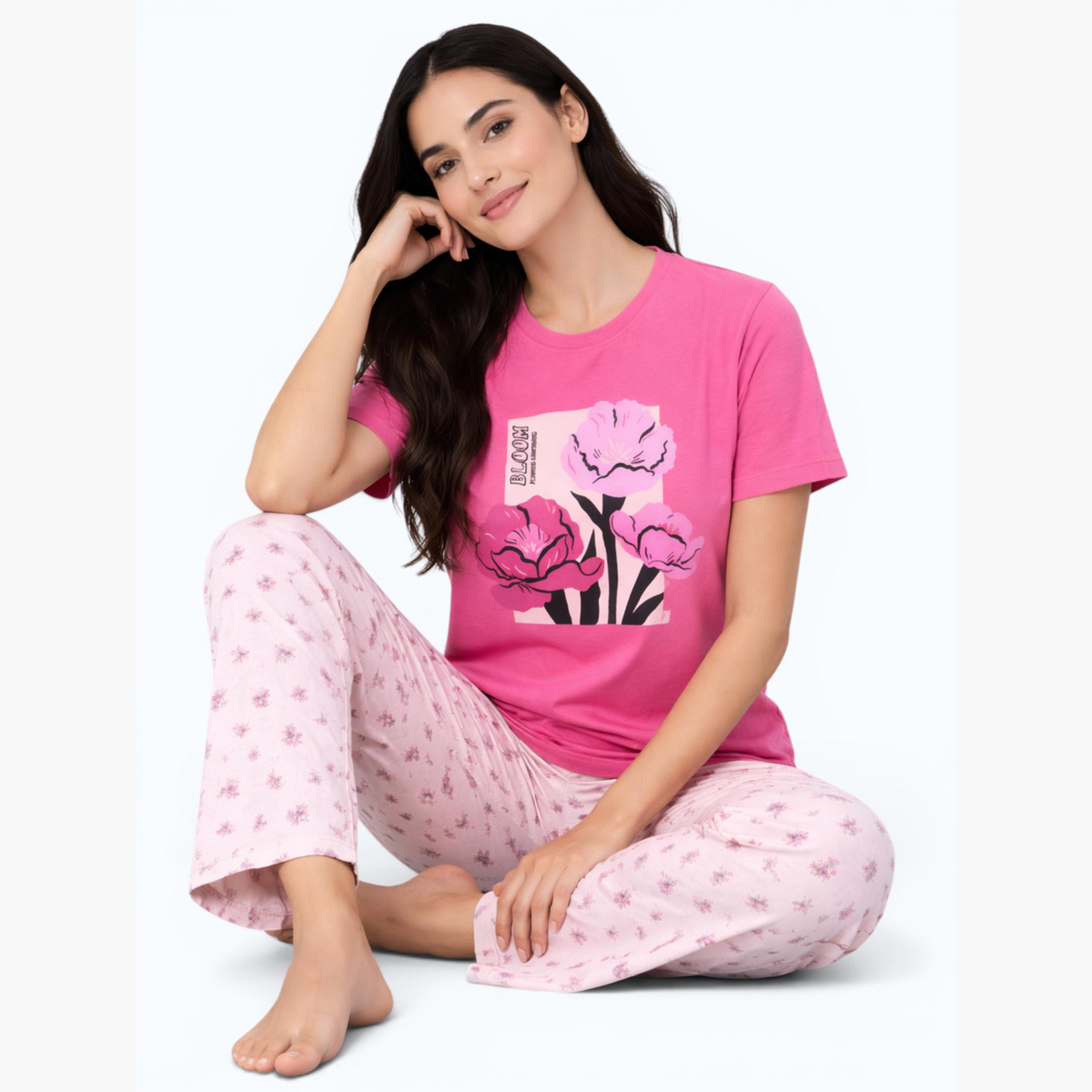 Victor and Jane X Styli Pink Floral Print Round Neck T-Shirt and Pyjama Set-women-clothing-nightwear-pyjamas-longsets-image-5