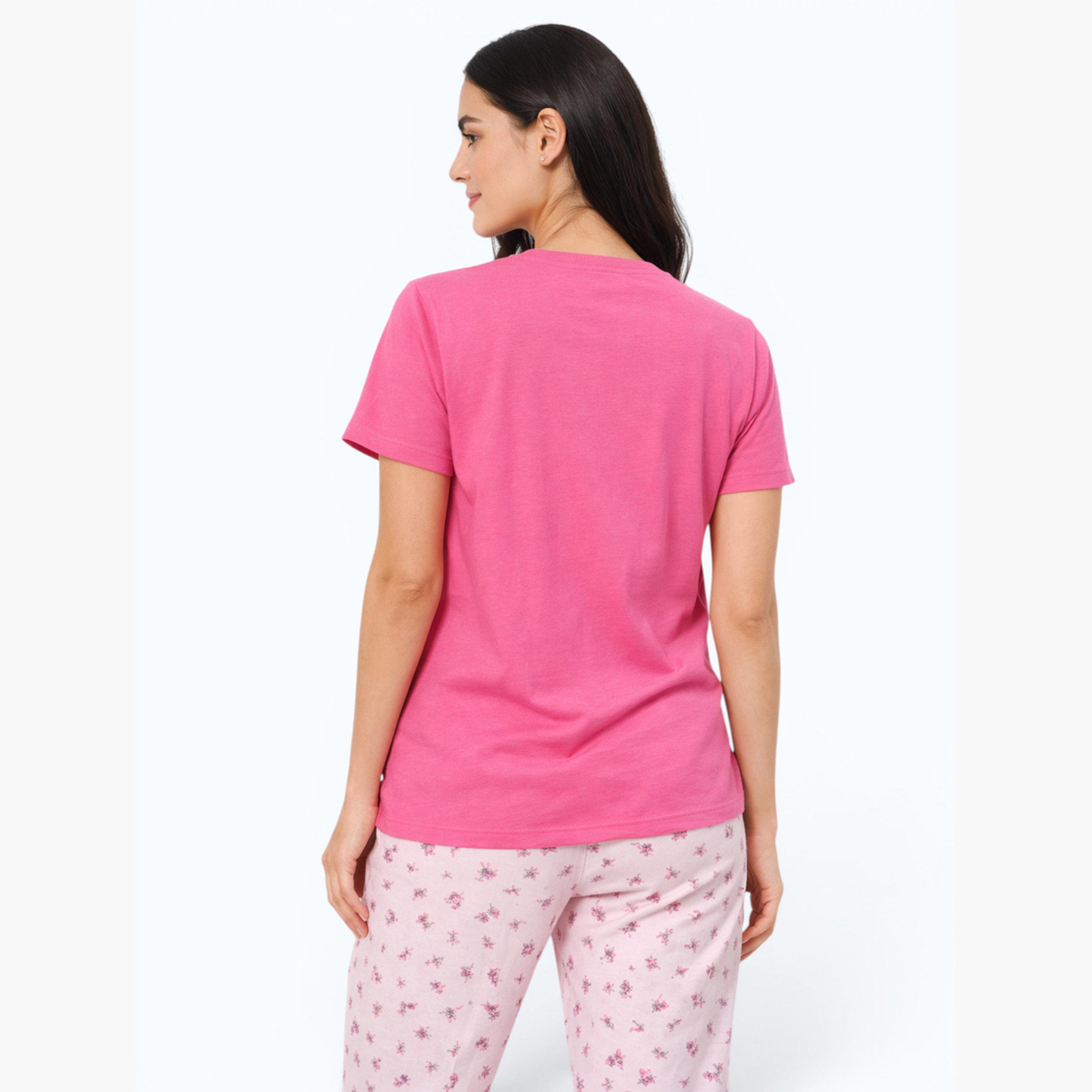 Victor and Jane X Styli Pink Floral Print Round Neck T-Shirt and Pyjama Set-women-clothing-nightwear-pyjamas-longsets-image-6