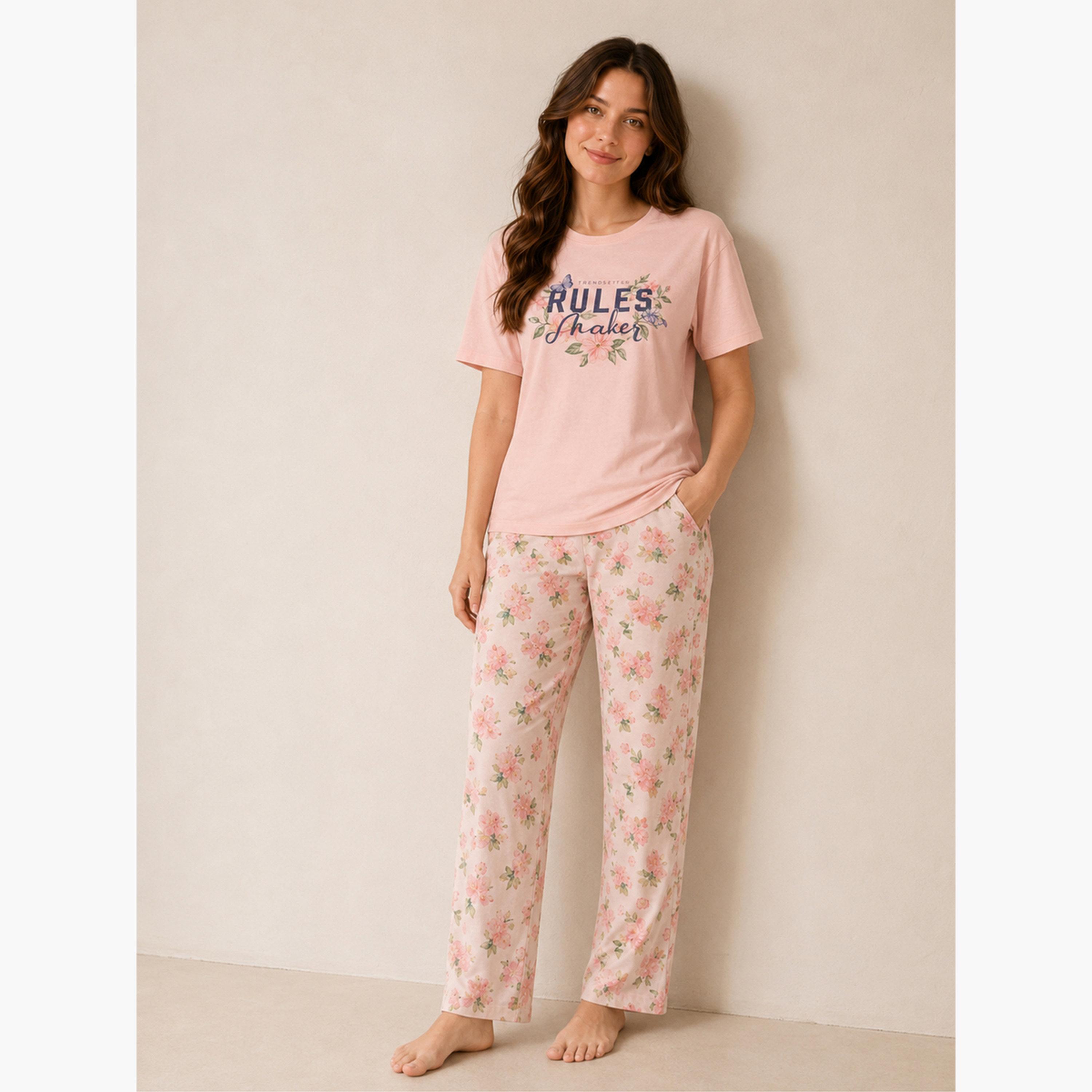 Victor and Jane X Styli Pink Round Neck Cotton T-Shirt and Floral Pyjama Set-women-clothing-nightwear-pyjamas-longsets-image-1