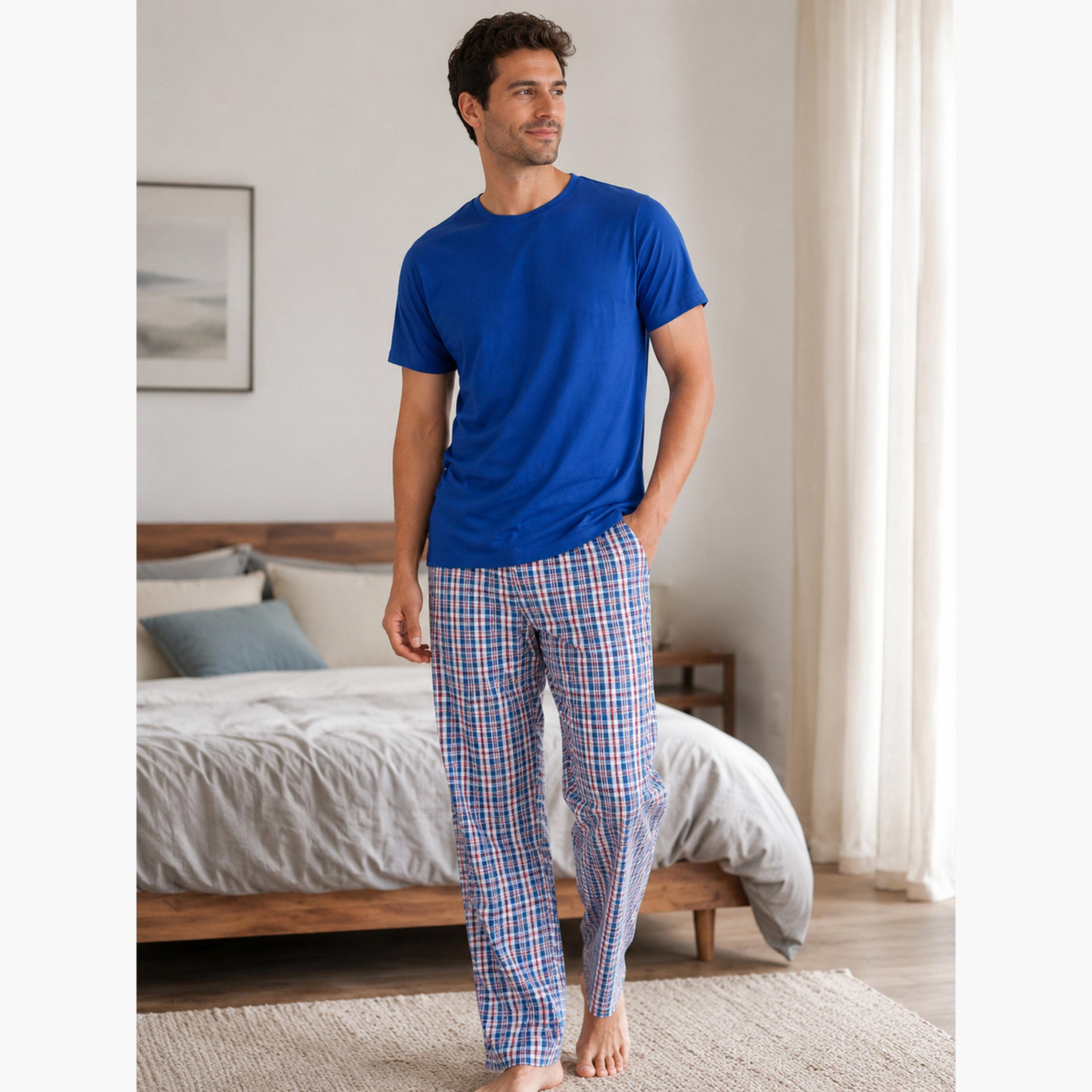 طقم بيجاما من بنطال كاروهات وقميص بأكمام قصيرة قطن-men-clothing-nightwear-sets-image-1