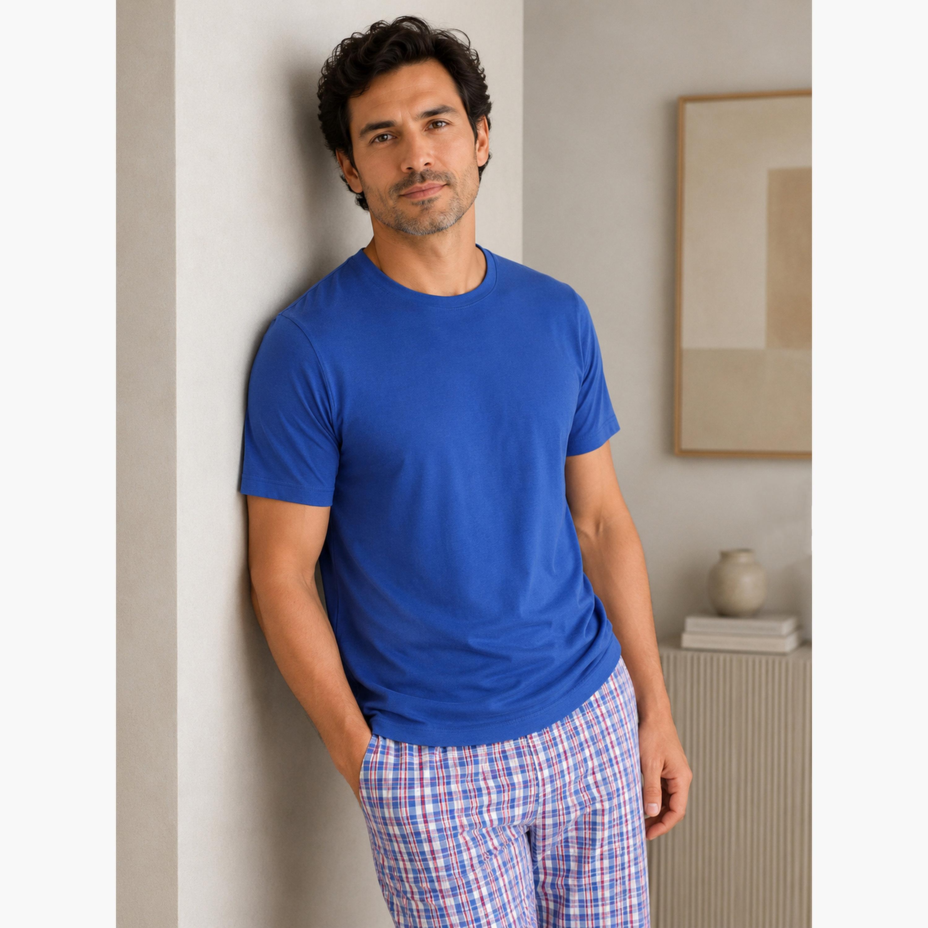 طقم بيجاما من بنطال كاروهات وقميص بأكمام قصيرة قطن-men-clothing-nightwear-sets-image-2