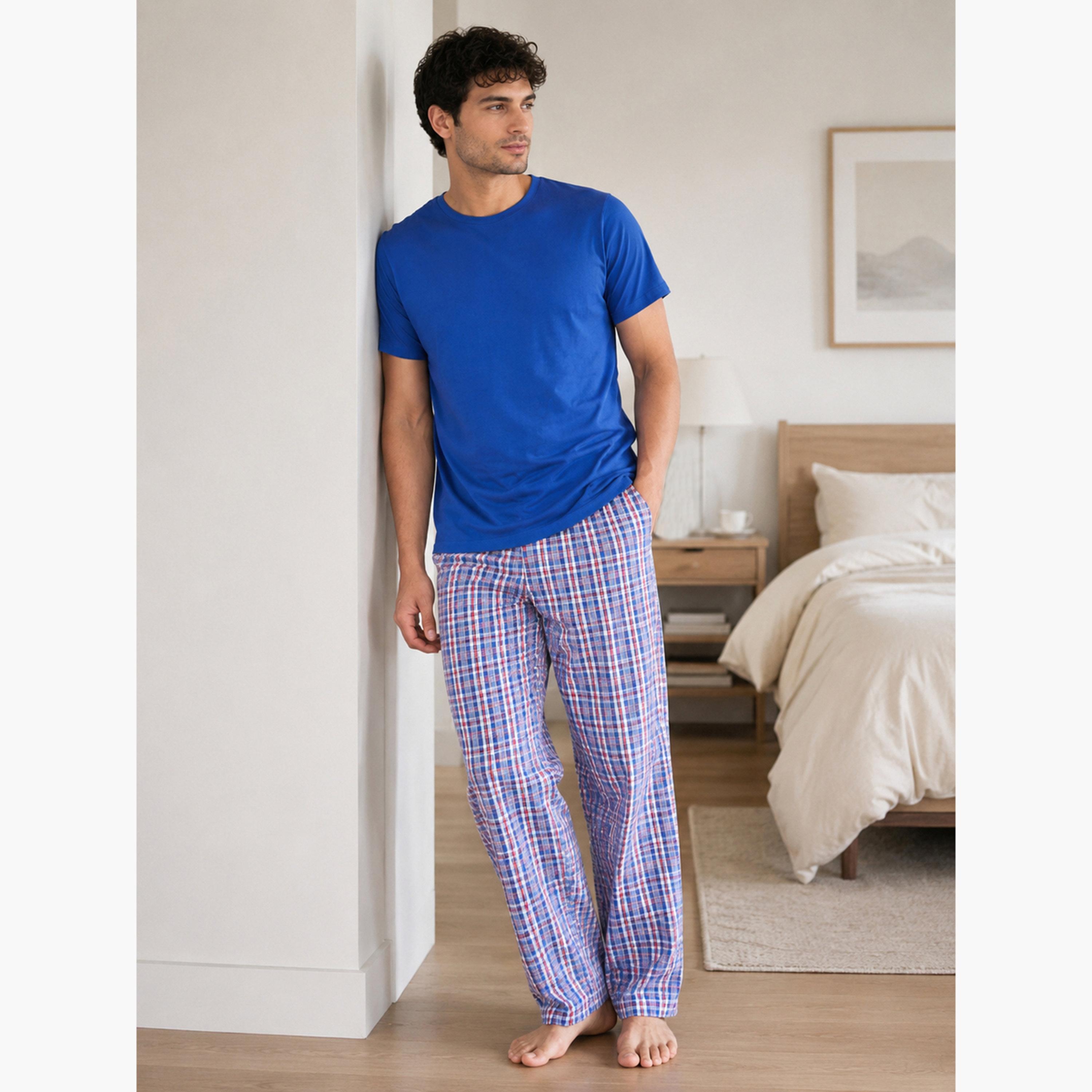 طقم بيجاما من بنطال كاروهات وقميص بأكمام قصيرة قطن-men-clothing-nightwear-sets-image-3