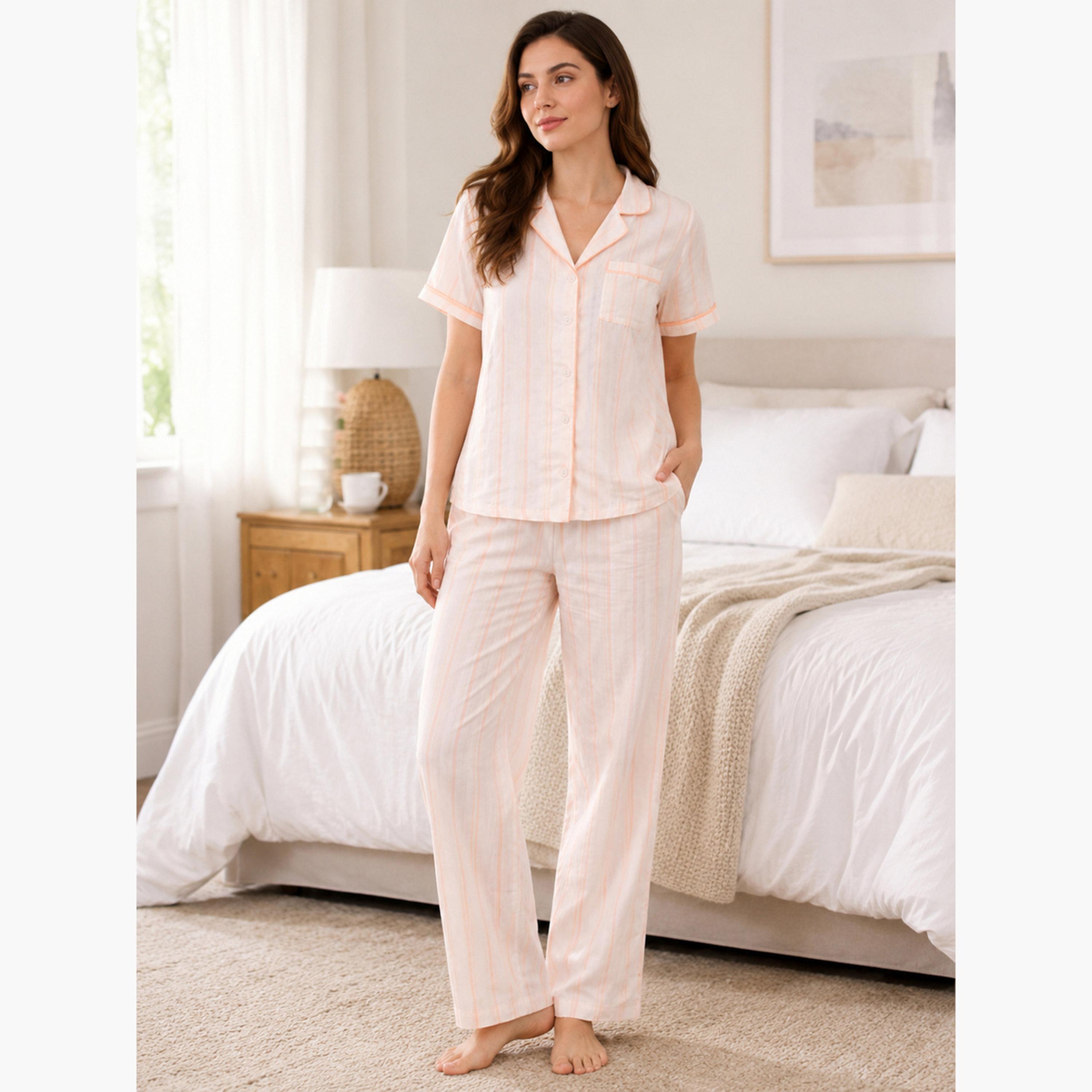 Victor and Jane X Styli Peach Striped Shirt and Pyjama Set with Contrast Piping-women-clothing-nightwear-pyjamas-longsets-image-1