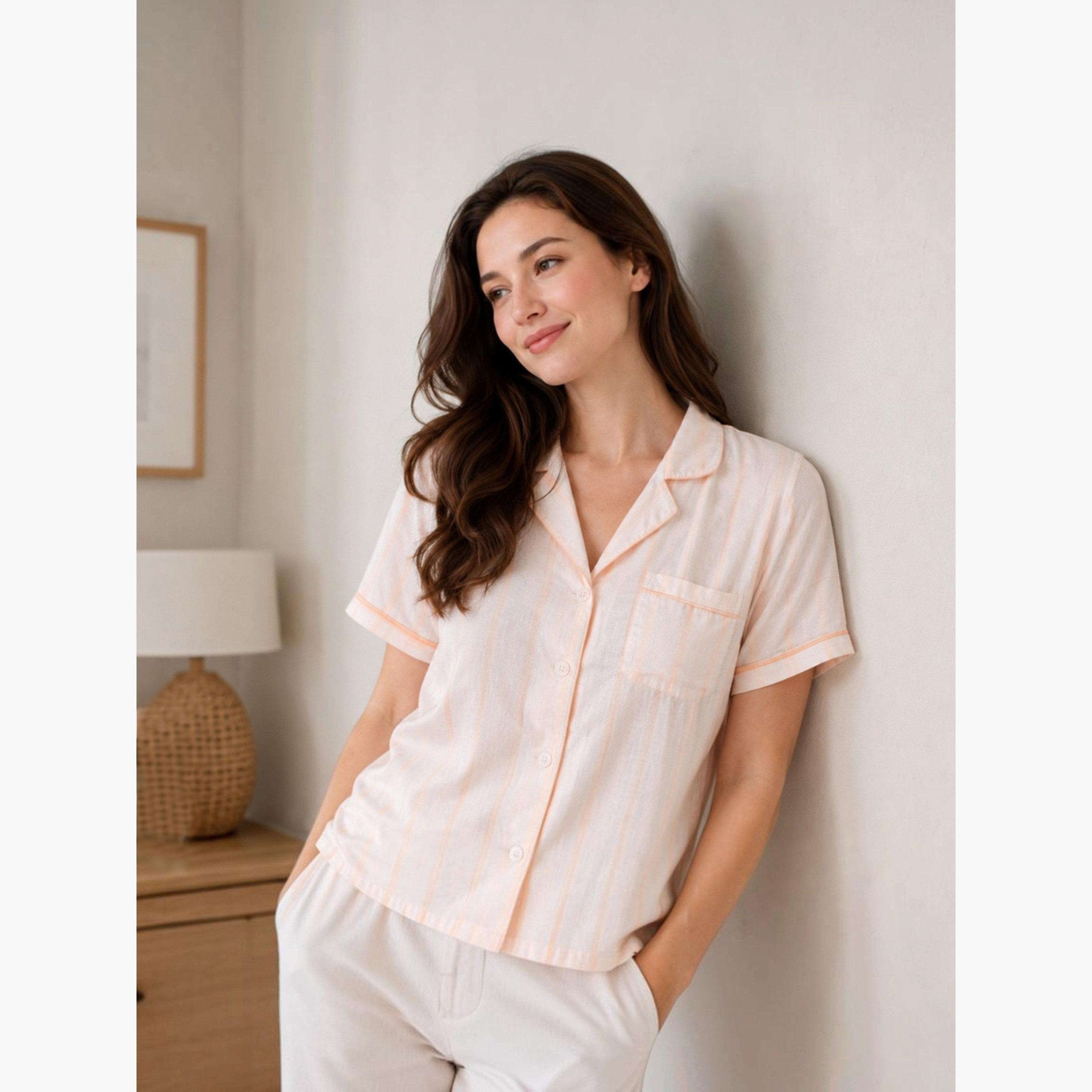 Victor and Jane X Styli Peach Striped Shirt and Pyjama Set with Contrast Piping-women-clothing-nightwear-pyjamas-longsets-image-2