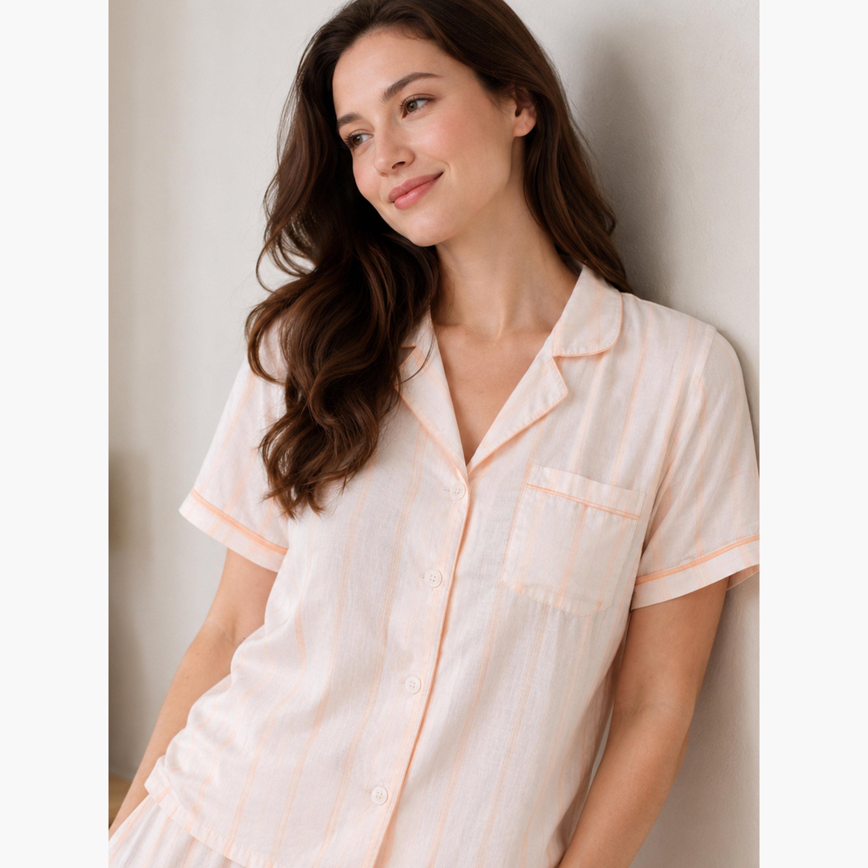 Victor and Jane X Styli Peach Striped Shirt and Pyjama Set with Contrast Piping-women-clothing-nightwear-pyjamas-longsets-image-4