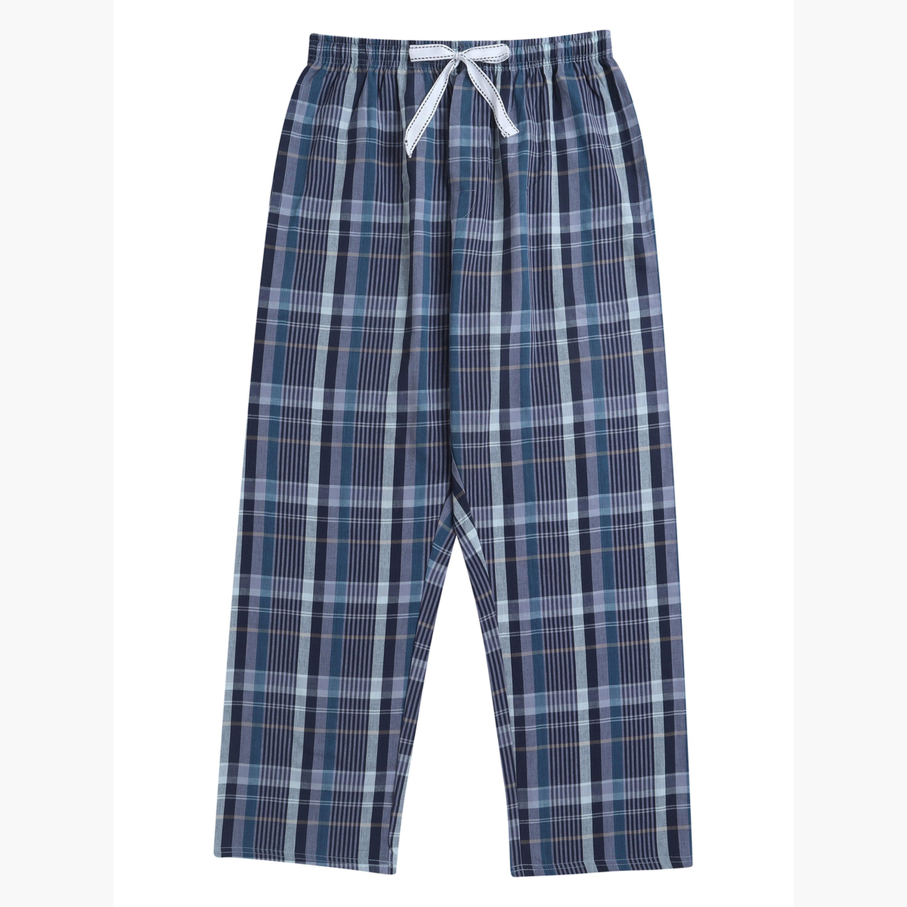 طقم بيجاما من بنطال كاروهات وتيشيرت قطن سادة-men-clothing-nightwear-sets-image-3