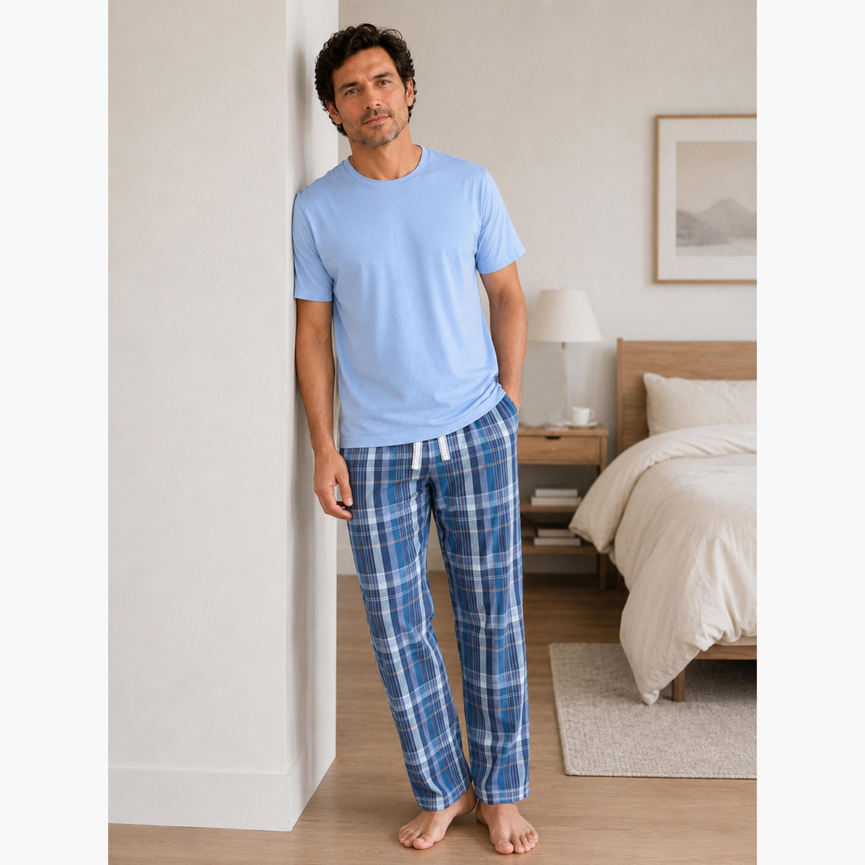 Victor and Jane X Styli Men Solid Cotton T-Shirt and Checked Pyjama Set-men-clothing-nightwear-sets-image-6