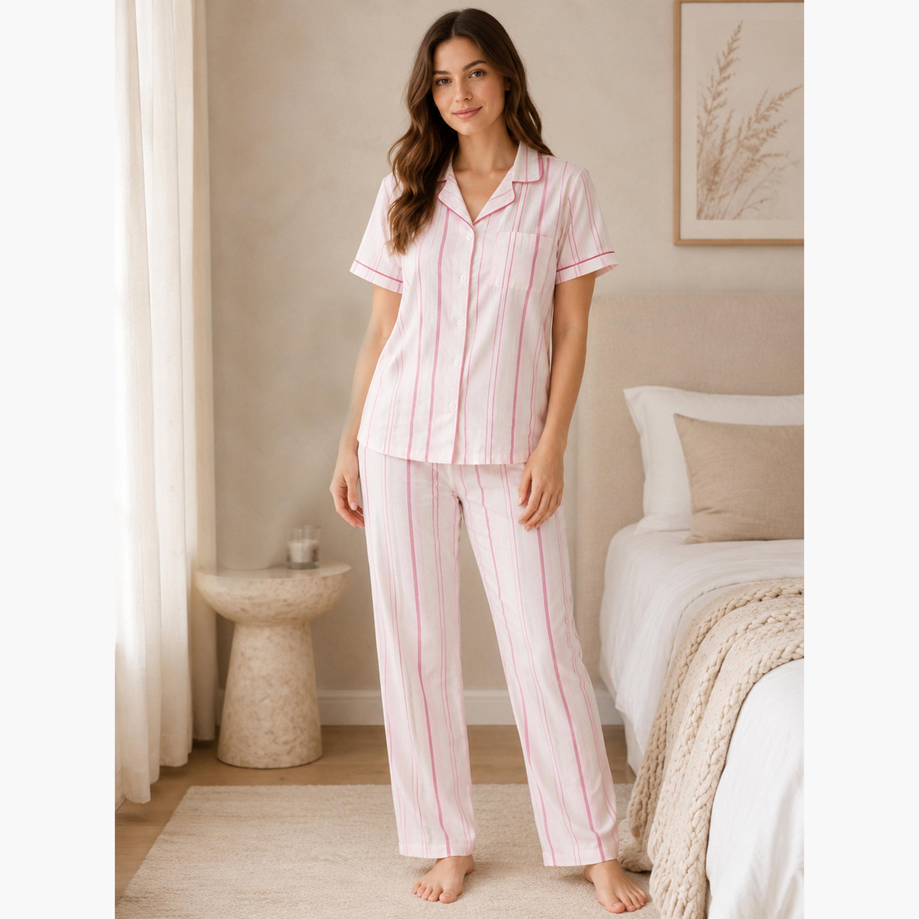 طقم بيجاما من بنطال وقميص مخطط بتفاصيل مباينة-women-clothing-nightwear-pyjamas-longsets-image-1