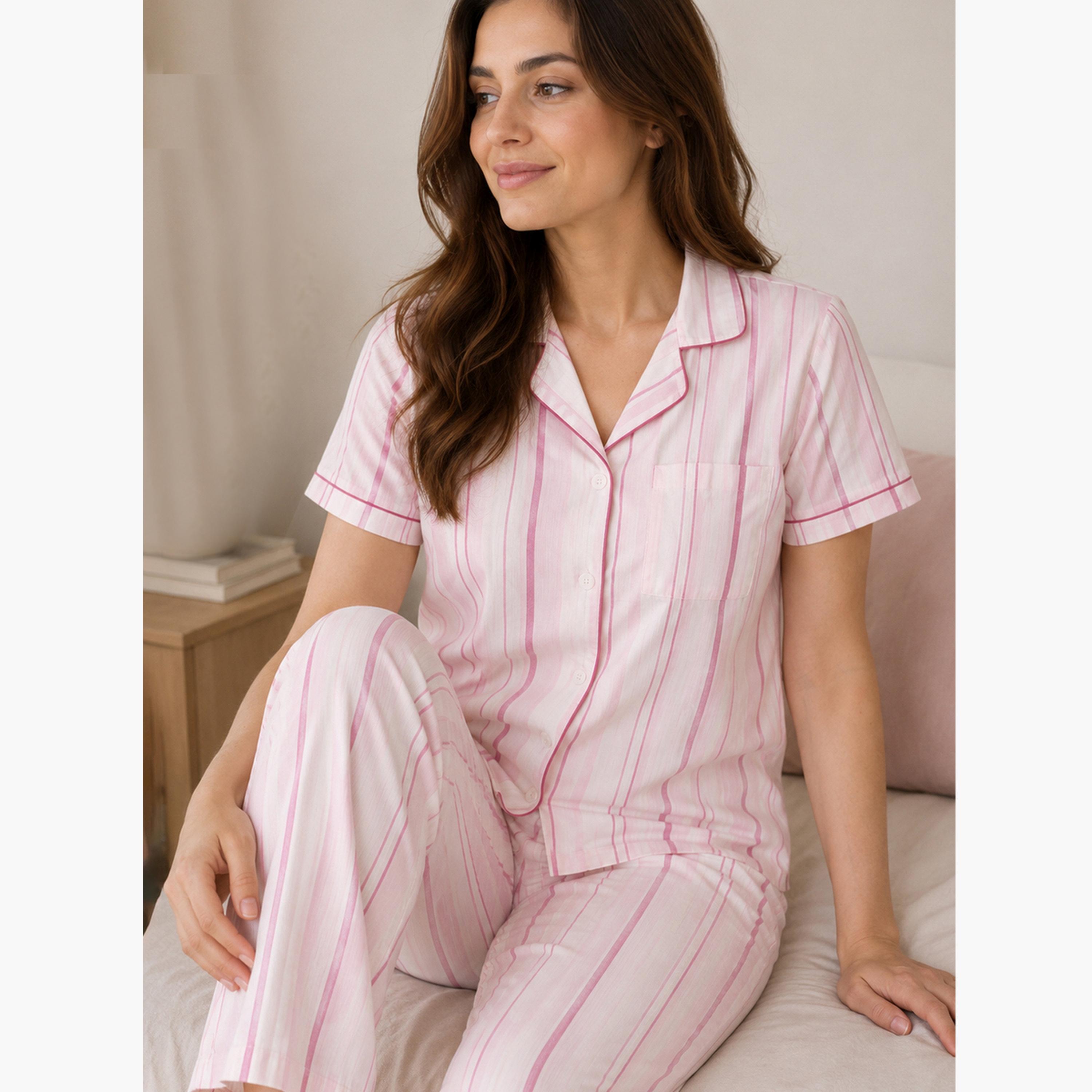 Victor and Jane X Styli Pink Striped Shirt and Pyjama Set with Contrast Piping-women-clothing-nightwear-pyjamas-longsets-image-3