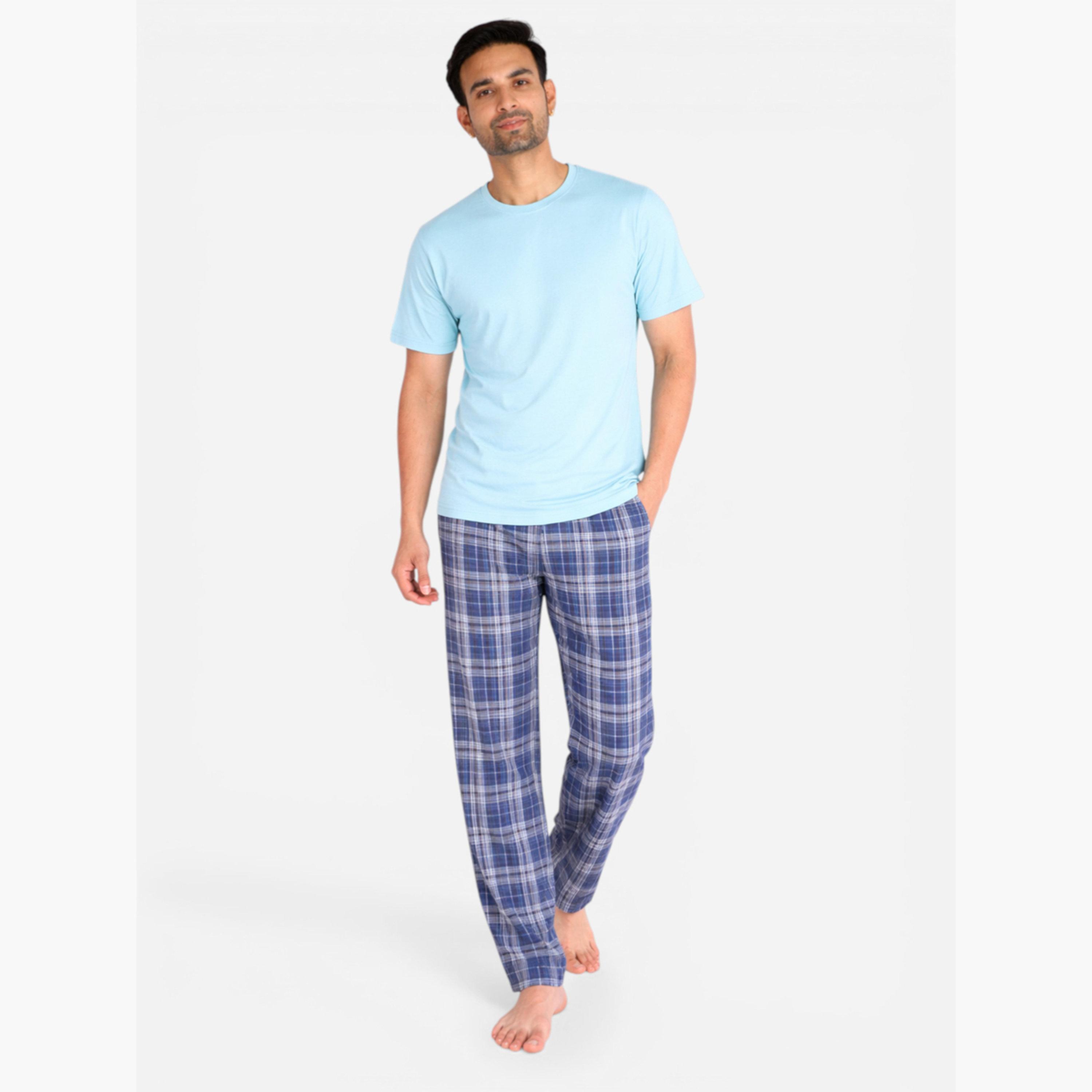 Victor and Jane X Styli Men Solid Cotton T-Shirt and Checked Pyjama Set-men-clothing-nightwear-sets-image-1