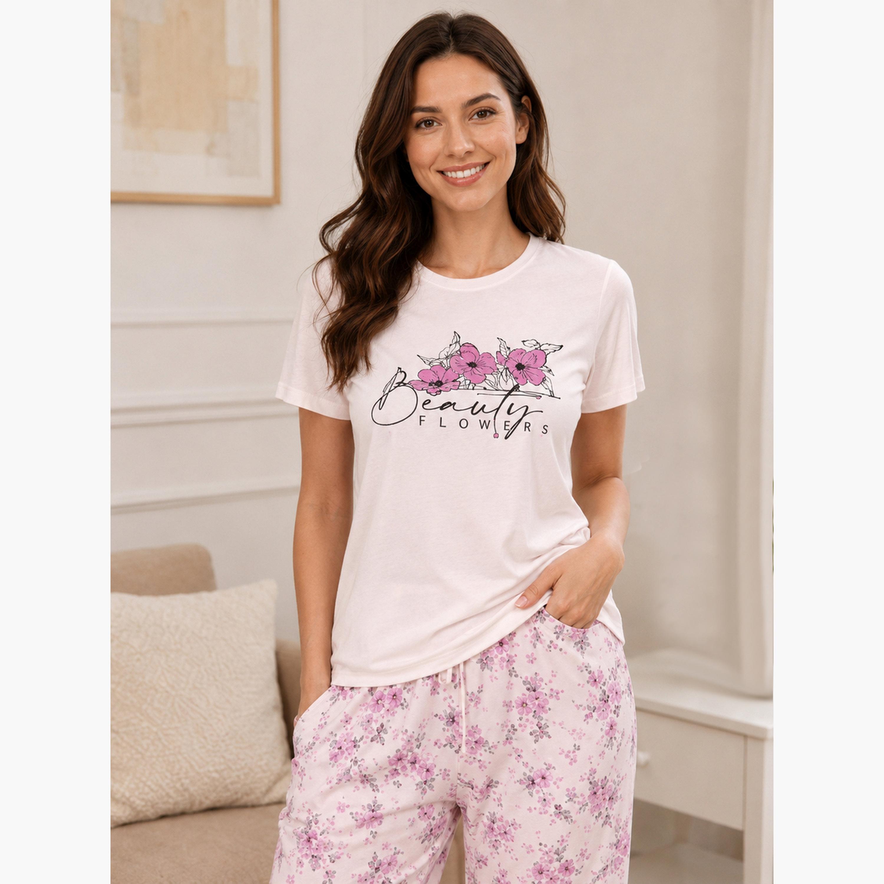 Victor and Jane X Styli Light Pink Graphic Print T-Shirt and Floral Pyjama Set-women-clothing-nightwear-pyjamas-longsets-image-2