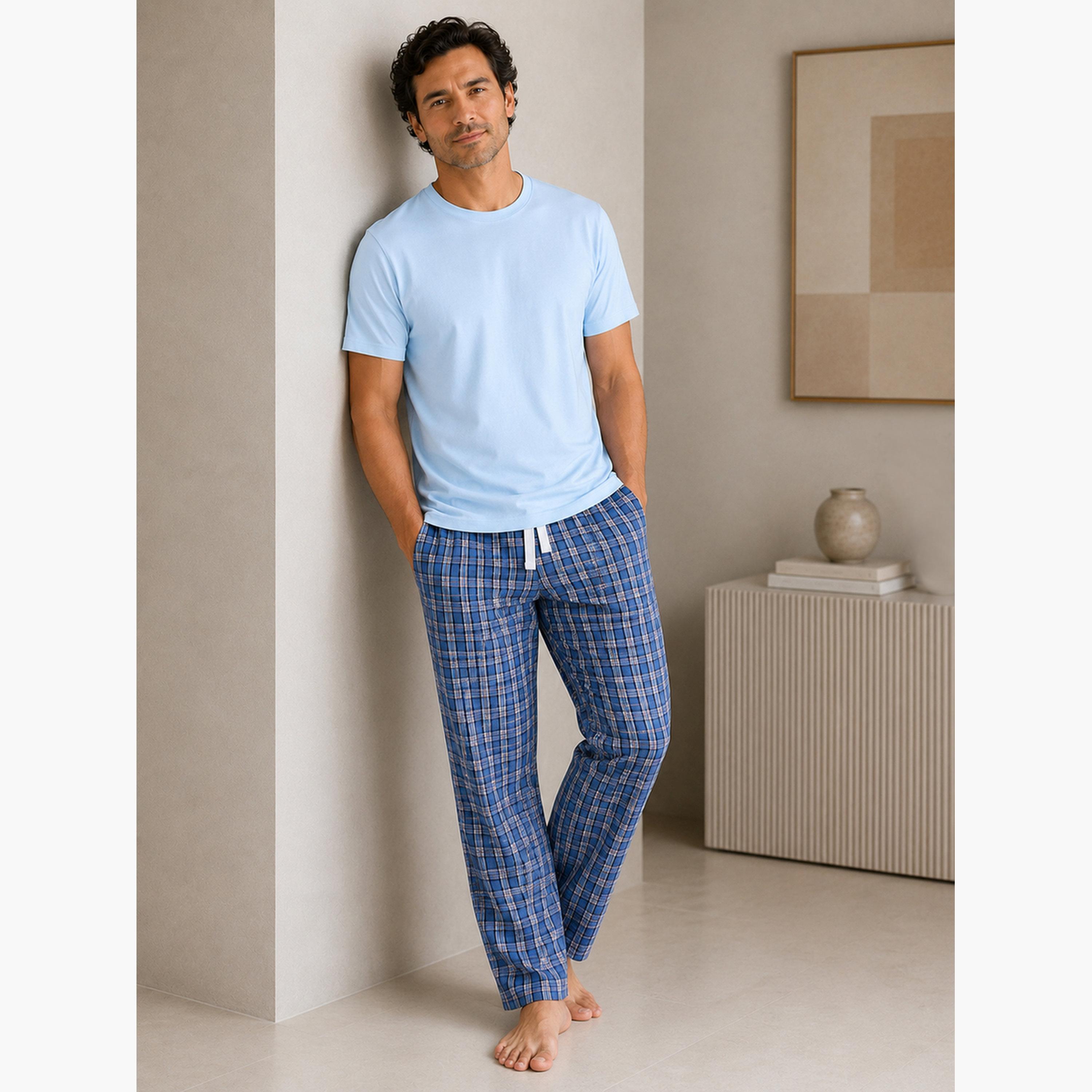Victor and Jane X Styli Men Solid Cotton T-Shirt and Checked Pyjama Set-men-clothing-nightwear-sets-image-1