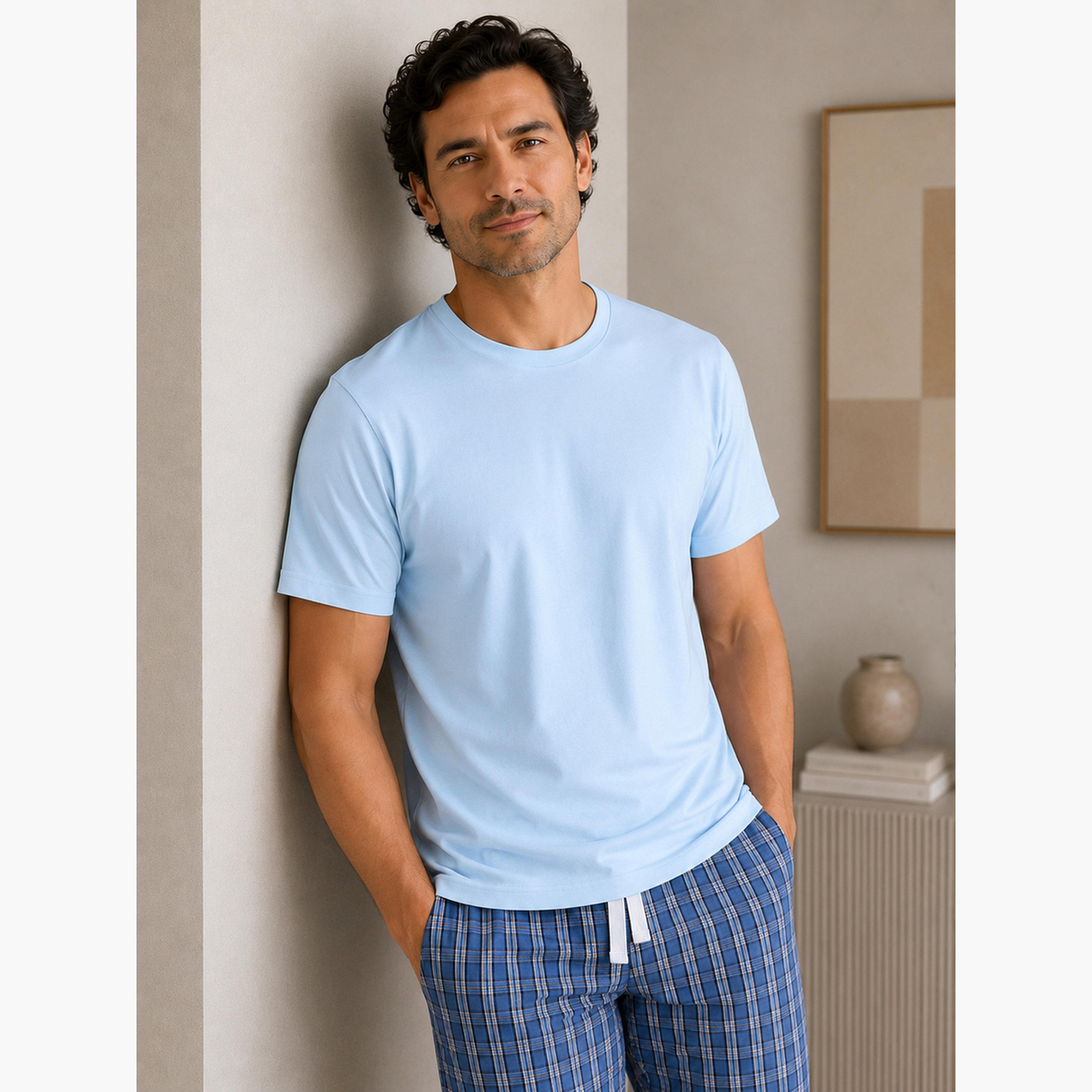 Victor and Jane X Styli Men Solid Cotton T-Shirt and Checked Pyjama Set-men-clothing-nightwear-sets-image-2