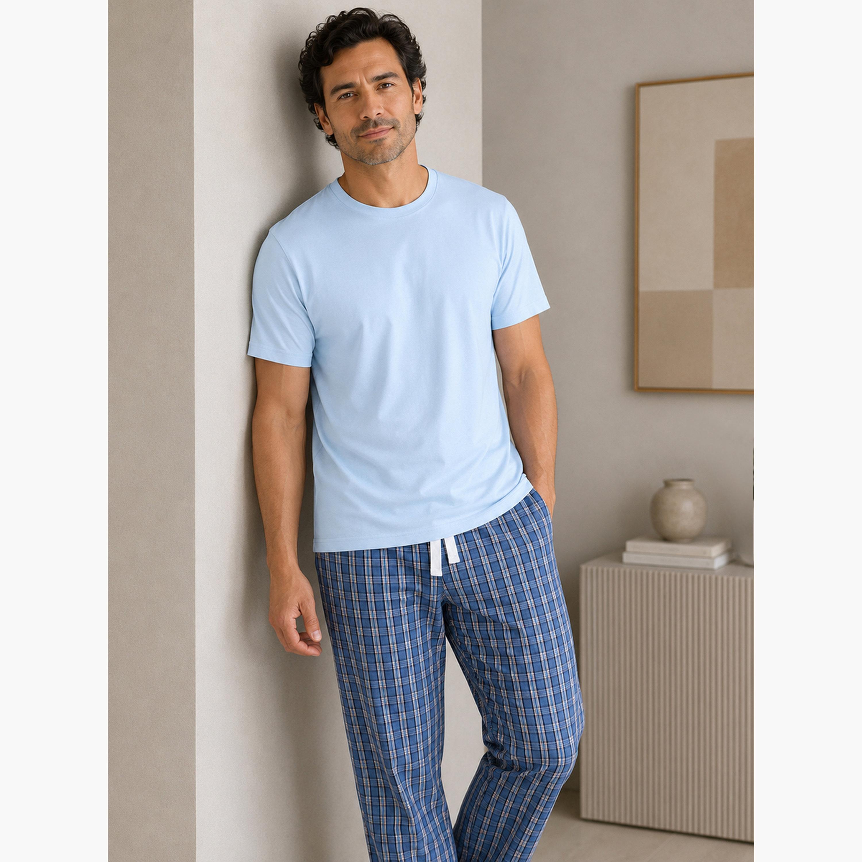 Victor and Jane X Styli Men Solid Cotton T-Shirt and Checked Pyjama Set-men-clothing-nightwear-sets-image-3