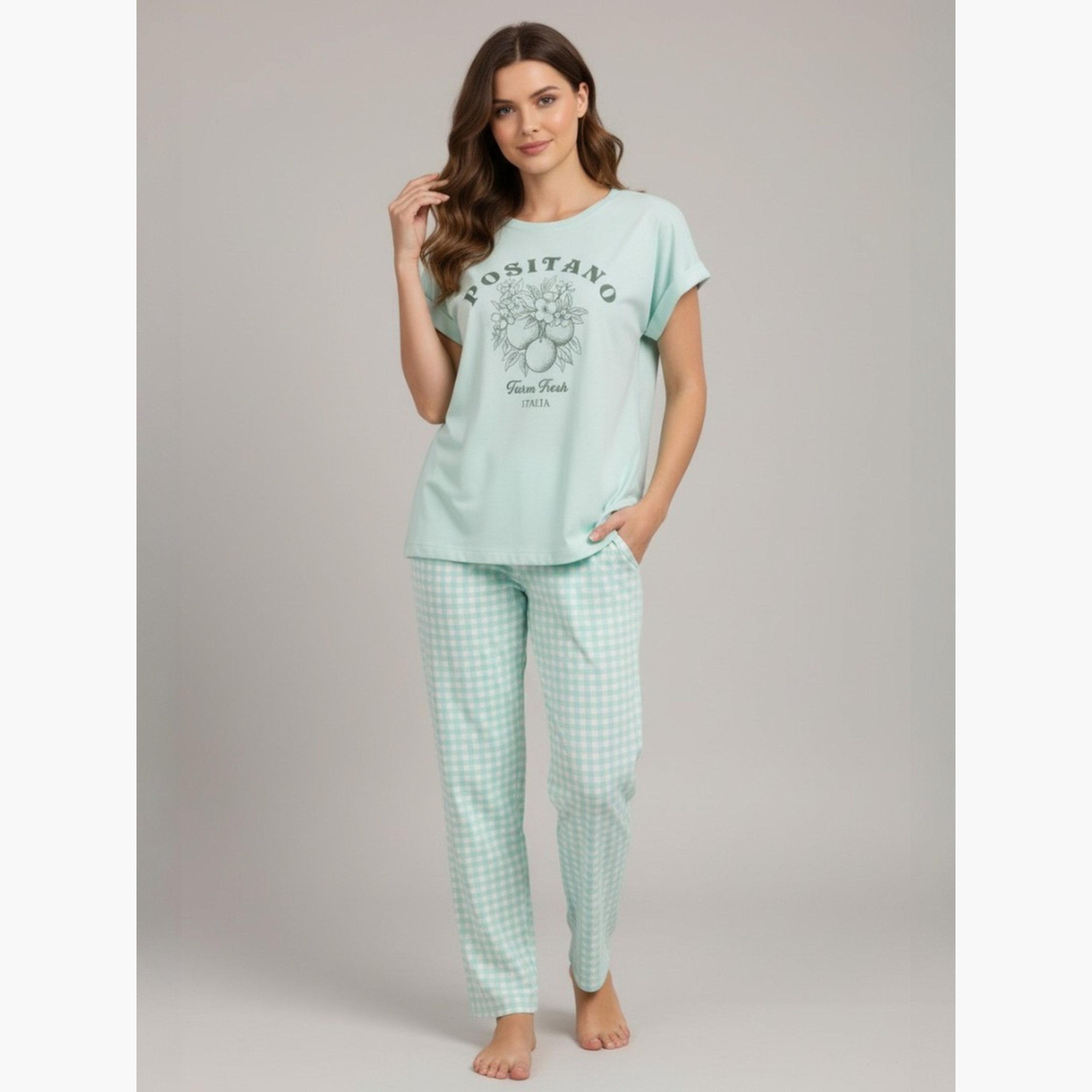 Victor and Jane X Styli Green Graphic Print T-Shirt and Checked Pyjama Set-women-clothing-nightwear-pyjamas-longsets-image-1