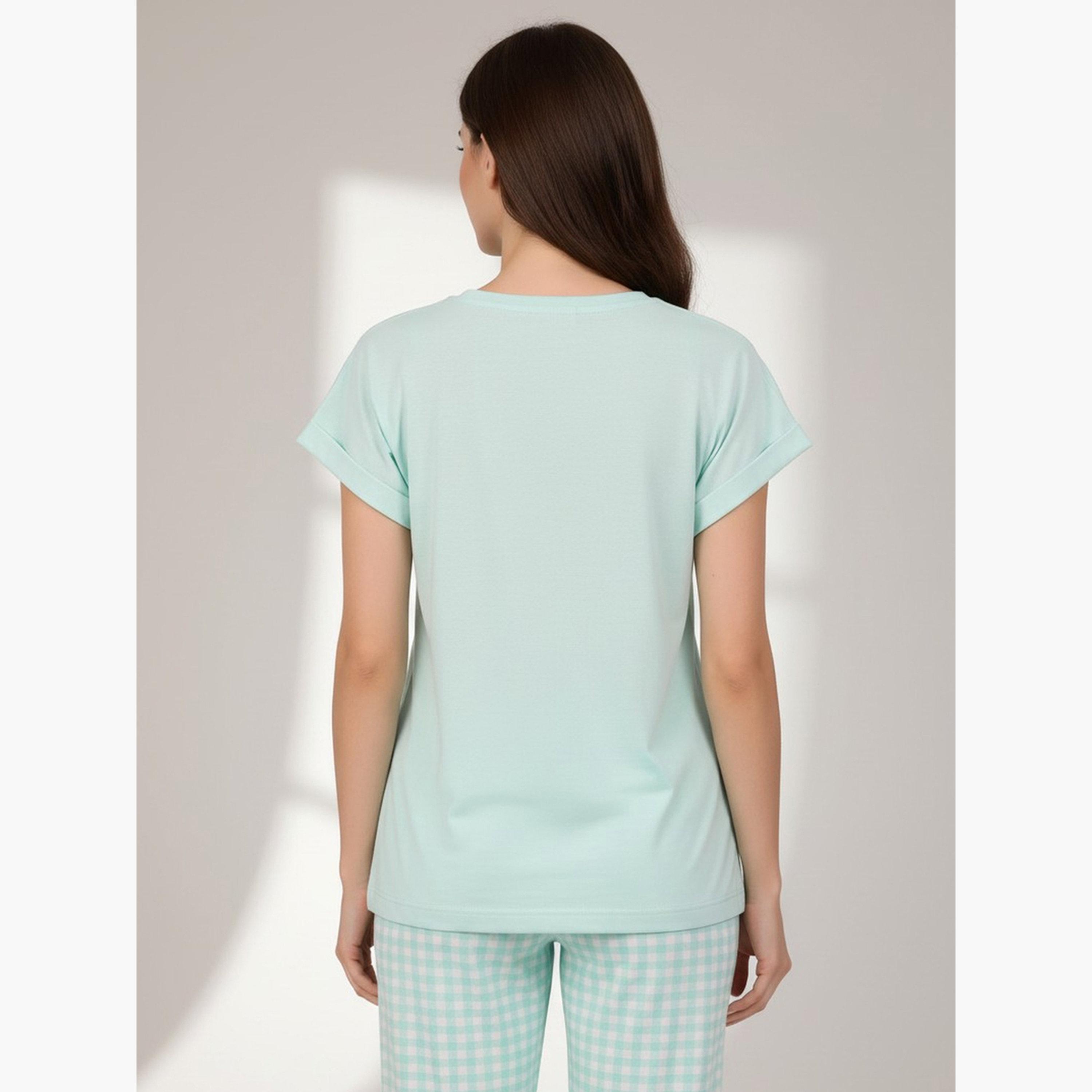 Victor and Jane X Styli Green Graphic Print T-Shirt and Checked Pyjama Set-women-clothing-nightwear-pyjamas-longsets-image-5