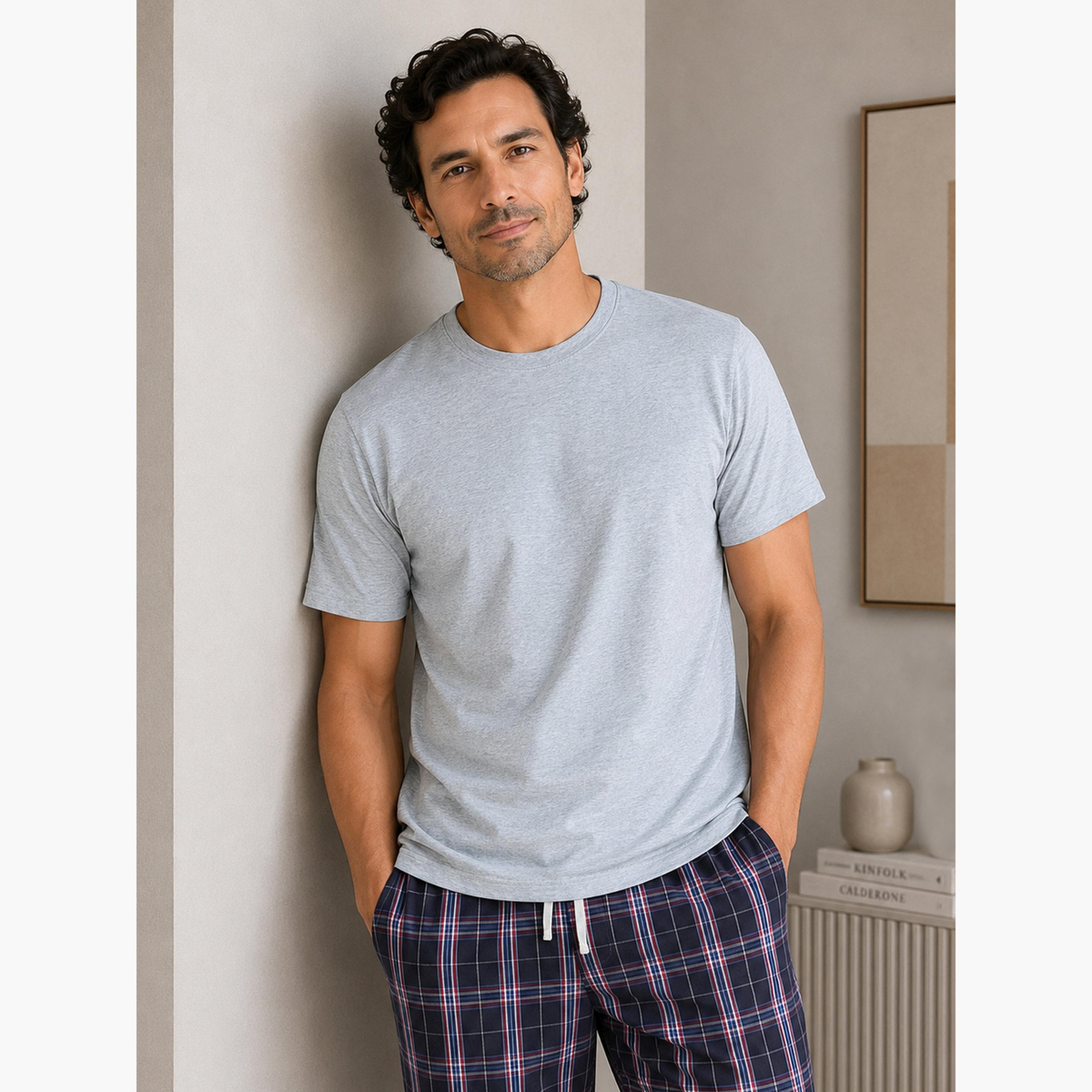 Victor and Jane X Styli Men Solid Cotton T-Shirt and Checked Pyjama Set-men-clothing-nightwear-sets-image-2