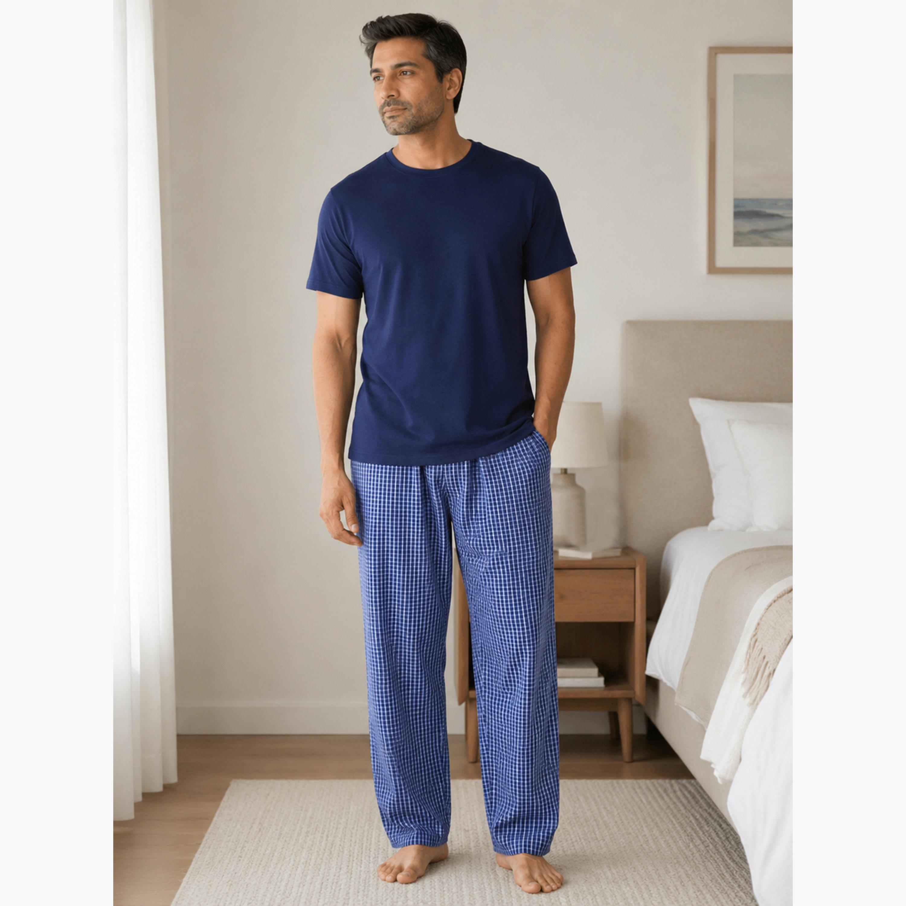 Victor and Jane X Styli Men Solid Cotton T-Shirt and Checked Pyjama Set-men-clothing-nightwear-sets-image-1