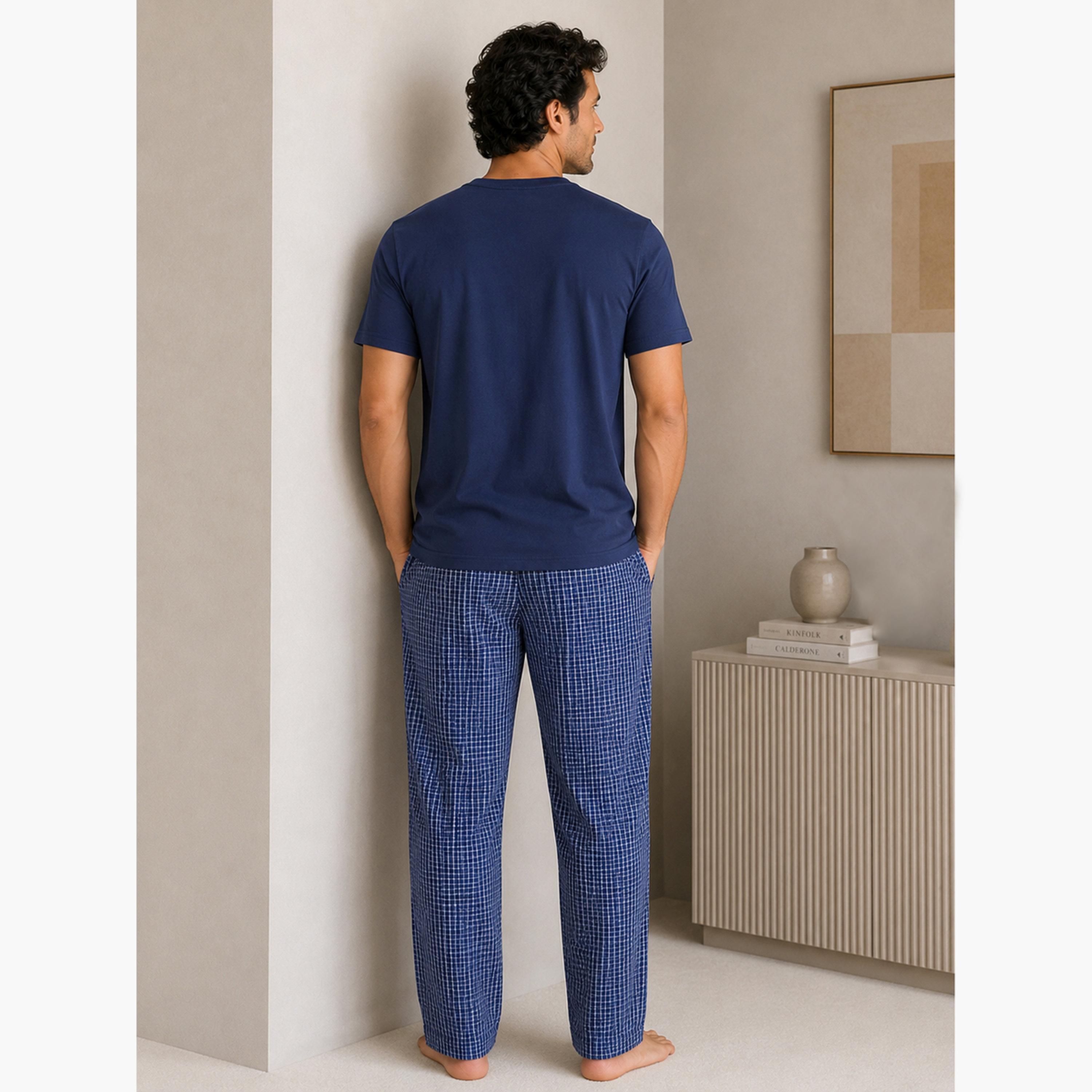 Victor and Jane X Styli Men Solid Cotton T-Shirt and Checked Pyjama Set-men-clothing-nightwear-sets-image-2