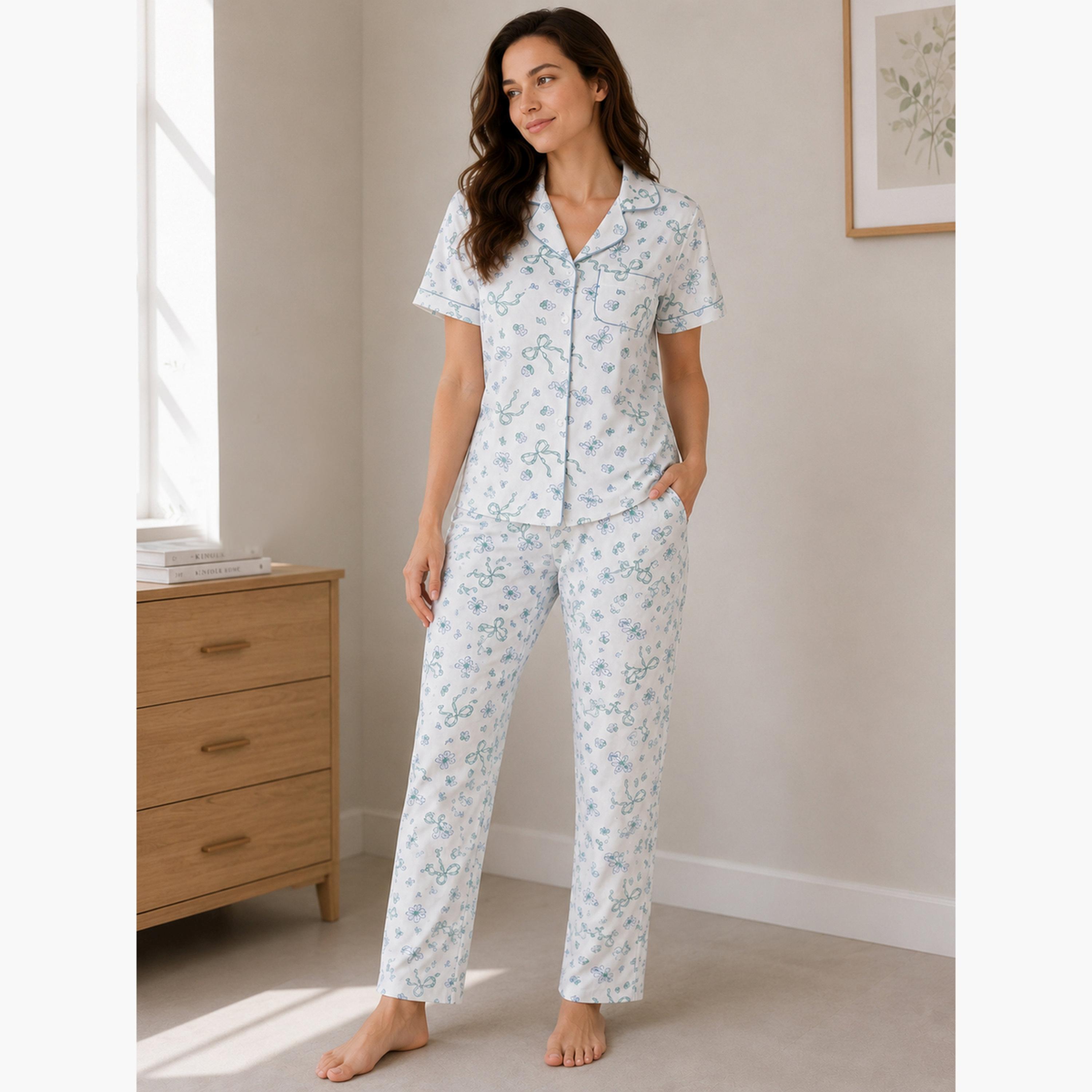 طقم بيجاما من بنطال وقميص قطن بطبعة فيونكة-women-clothing-nightwear-pyjamas-longsets-image-1